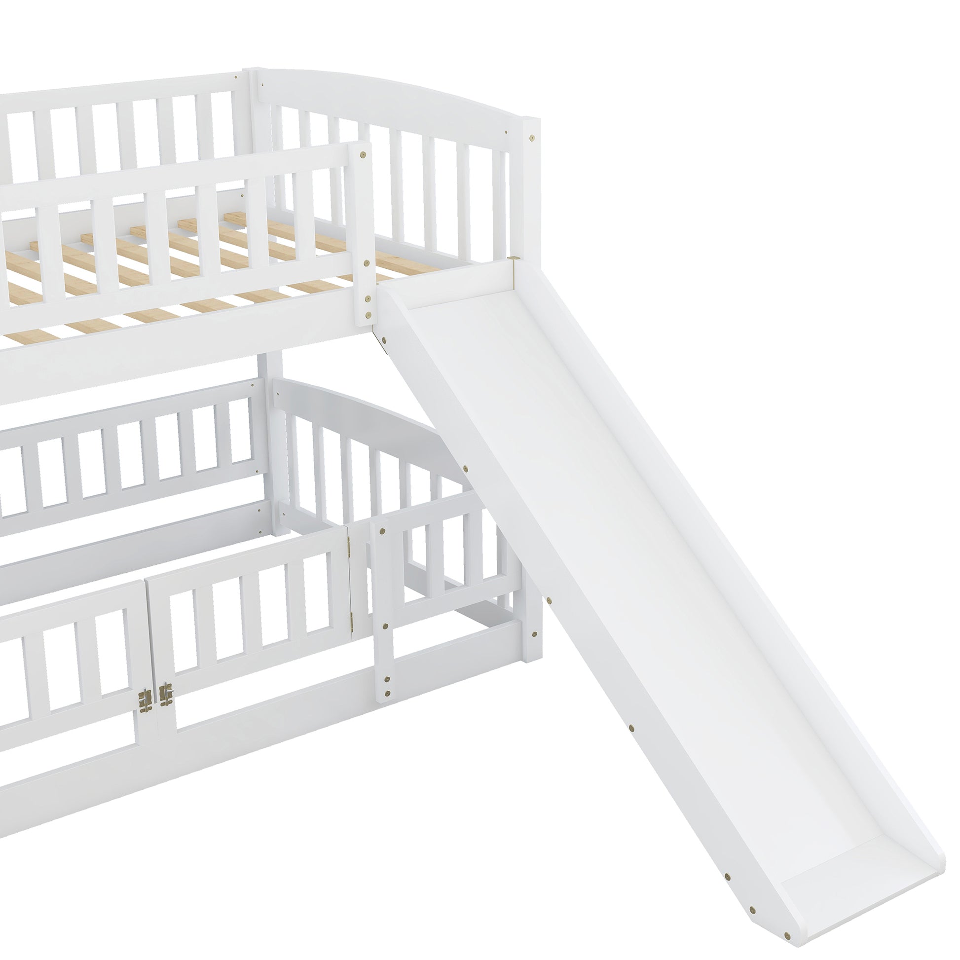 Bunk Bed With Slide,Twin Over Twin Low Bunk Bed With Fence And Ladder For Toddler Kids Teens White White Solid Wood