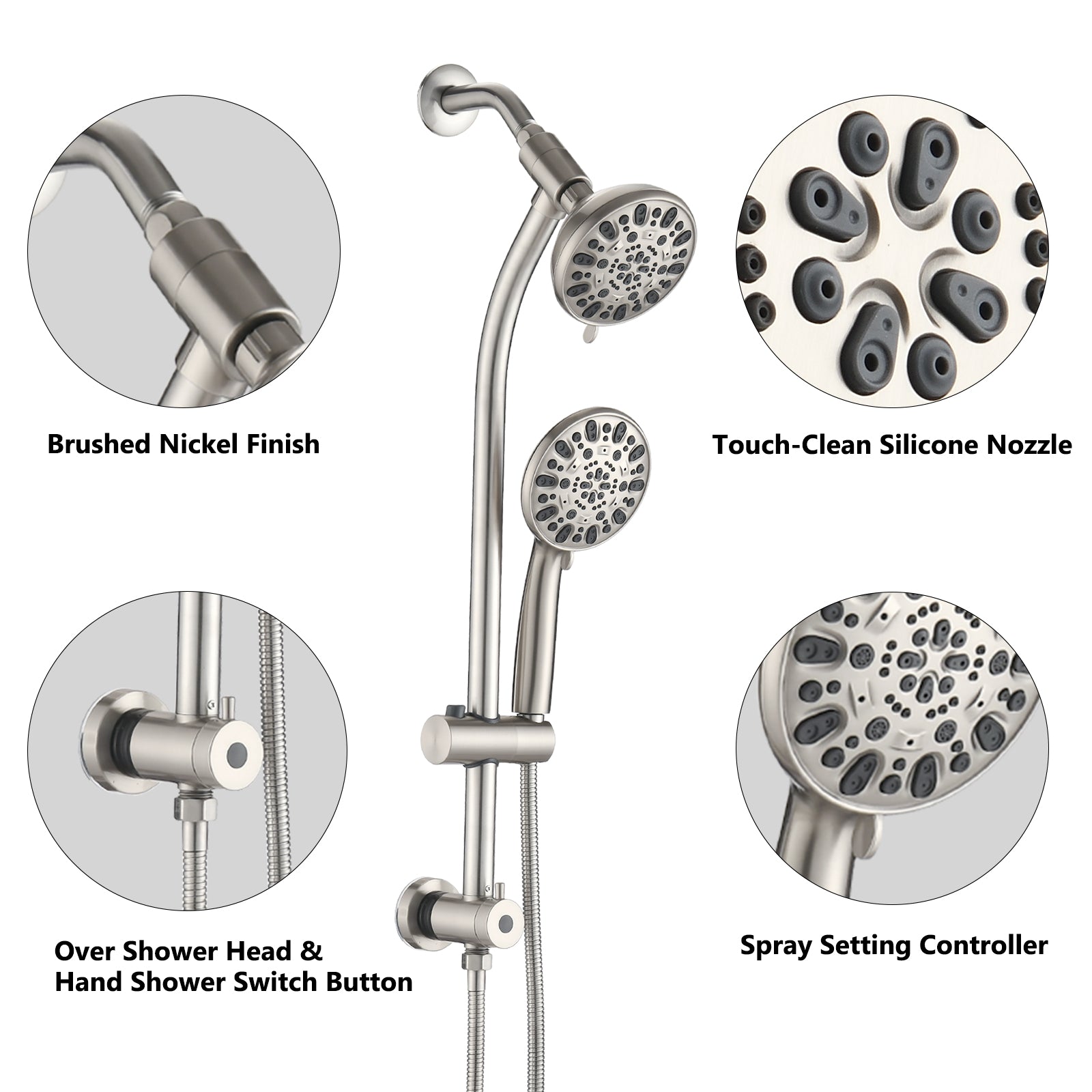 Drill Free Stainless Steel Slide Bar Combo Rain Showerhead 7 Setting Hand, Dual Shower Head Spa System Rough In Valve Included Brushed Nickel Abs