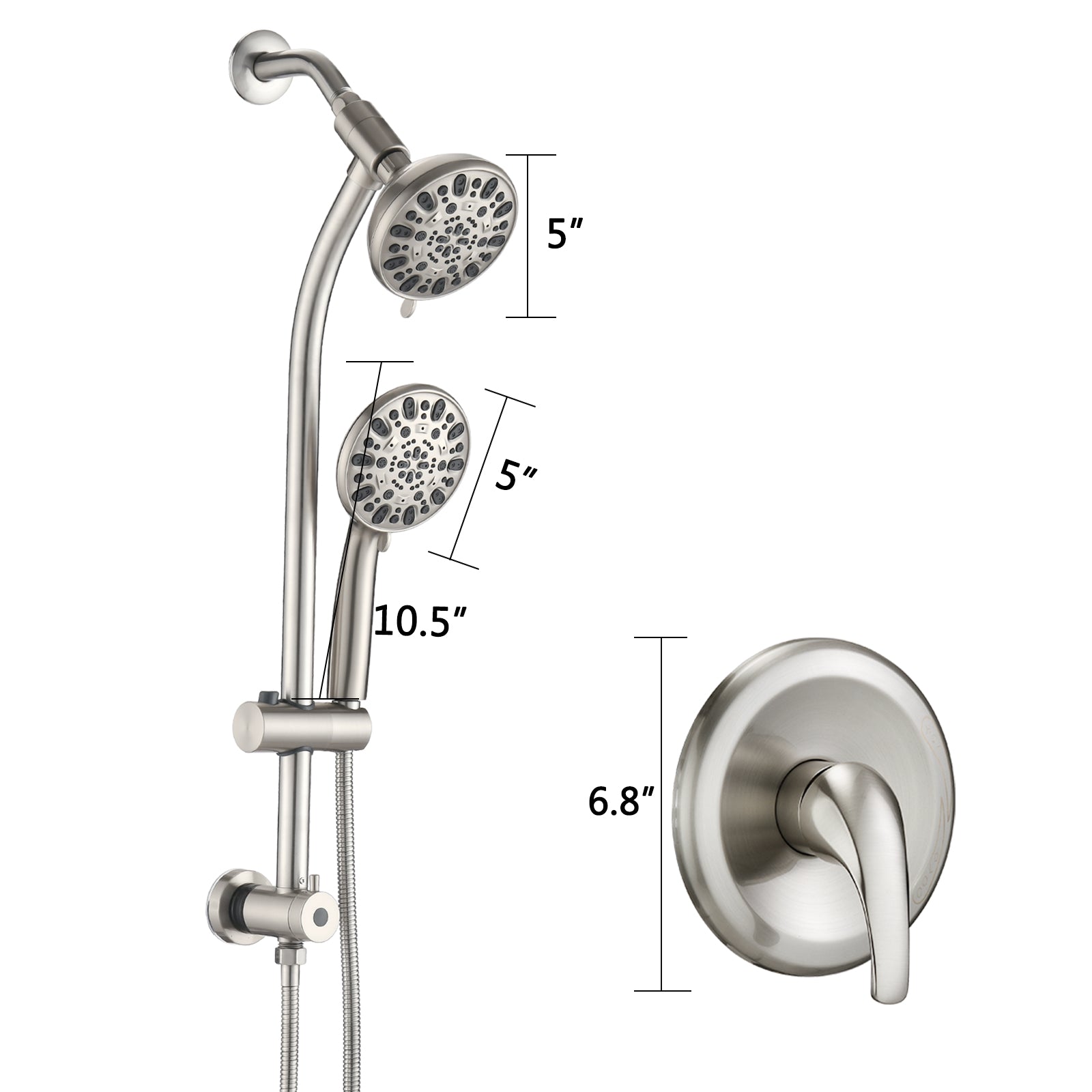 Drill Free Stainless Steel Slide Bar Combo Rain Showerhead 7 Setting Hand, Dual Shower Head Spa System Rough In Valve Included Brushed Nickel Abs