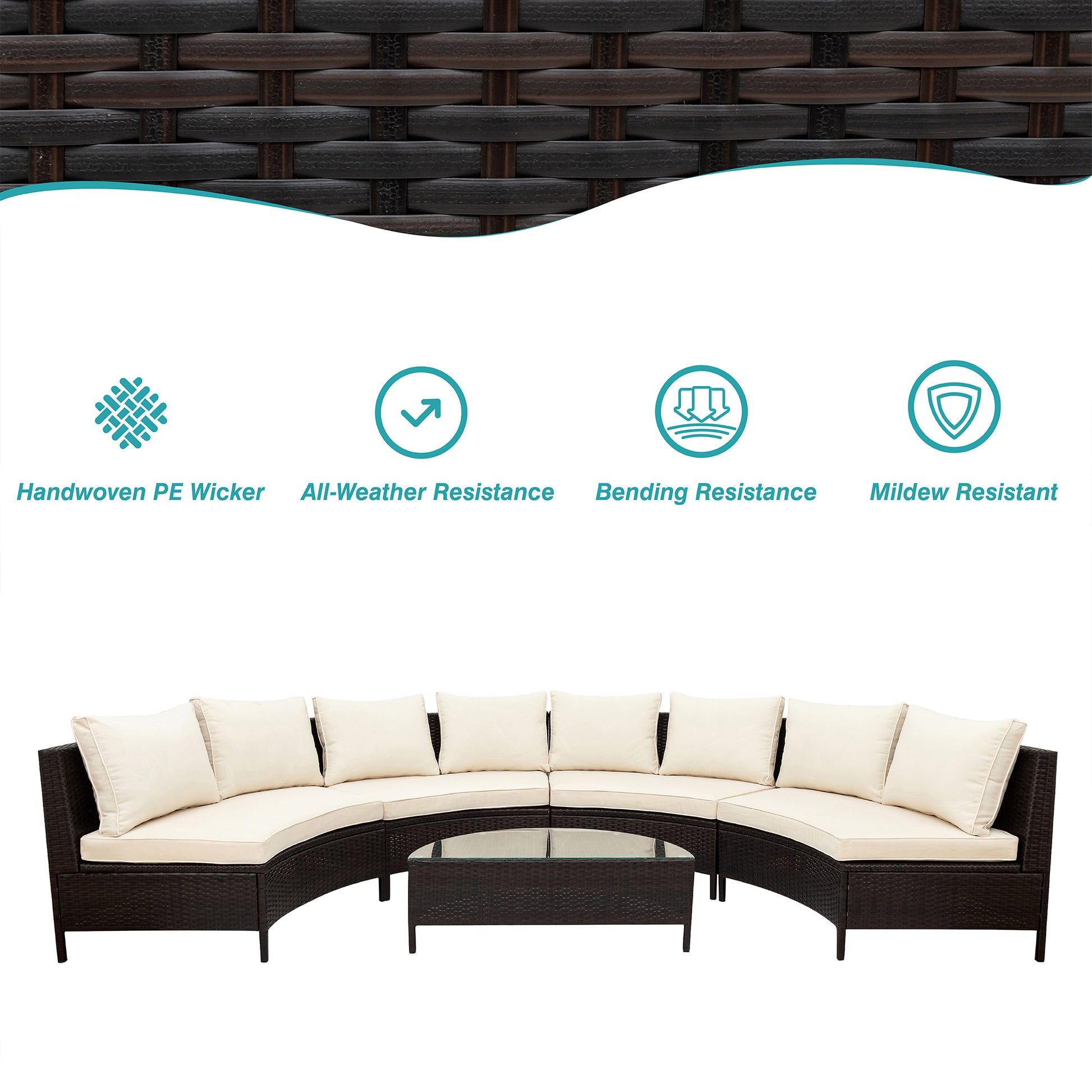 5 Pieces All Weather Brown Pe Rattan Wicker Sofa Set Outdoor Patio Sectional Furniture Set Half Moon Sofa Set With Tempered Glass Table, Beige Yes Complete Patio Set Beige Water Resistant Frame Water Resistant Cushion Garden & Outdoor Casual Sofa Seating