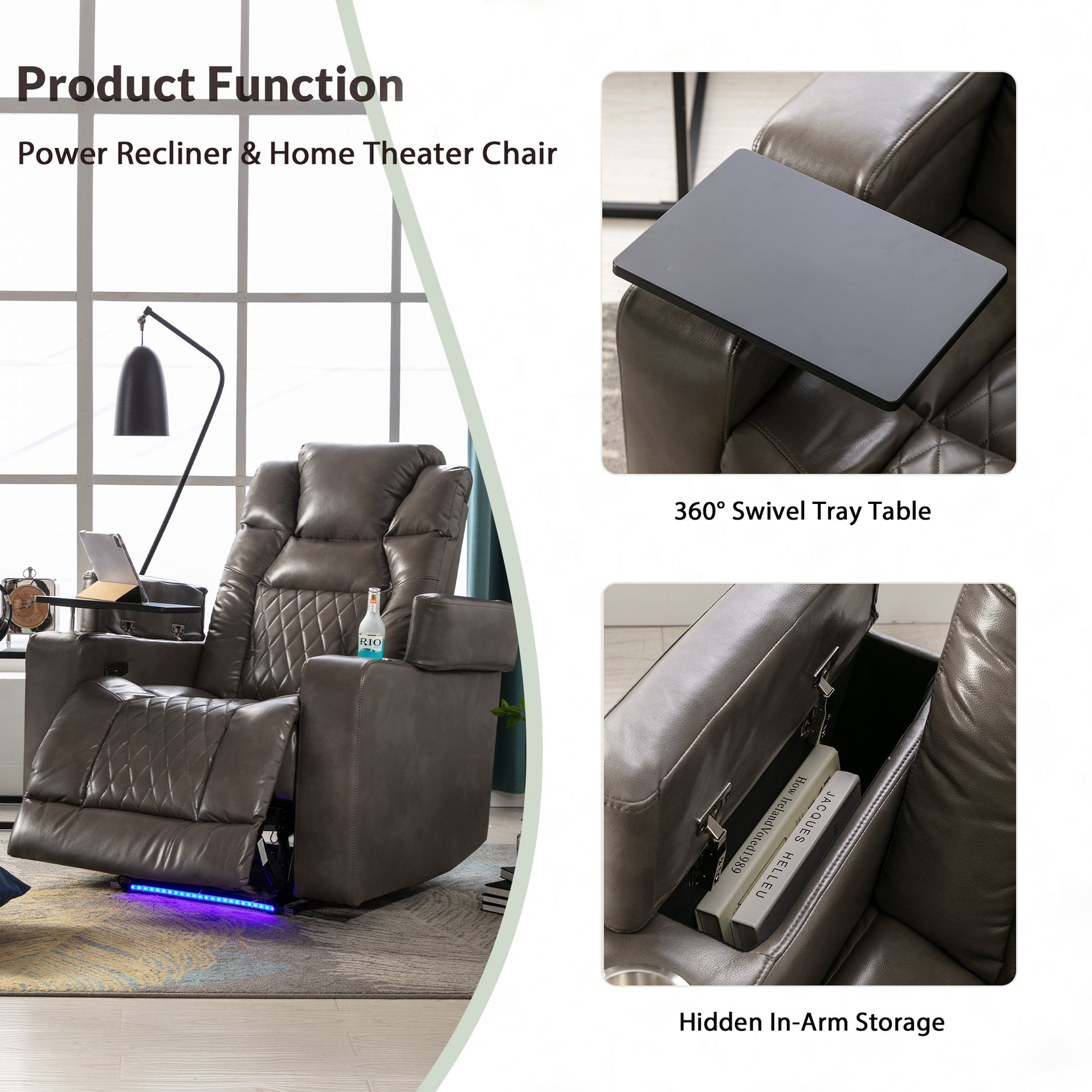 Power Motion Recliner With Usb Charging Port And Hidden Arm Storage, Home Theater Seating With 2 Convenient Cup Holders Design And 360 Swivel Tray Table Old Sku: Sg000441Aaa Grey Metal & Wood