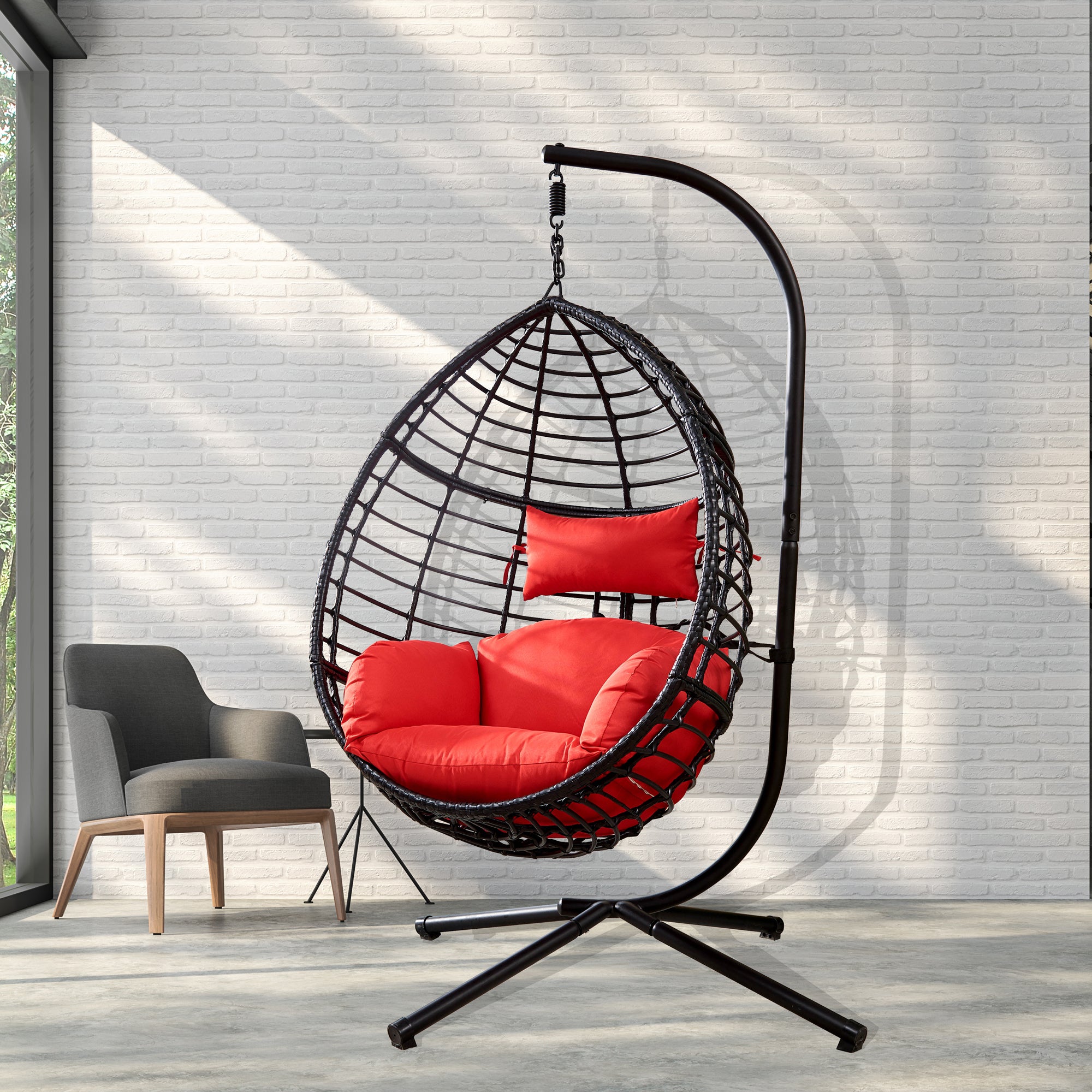 Swing Egg Chair With Stand, High Quality Modern Design, 37.4X37.4X76.77 Red Red Rattan Steel