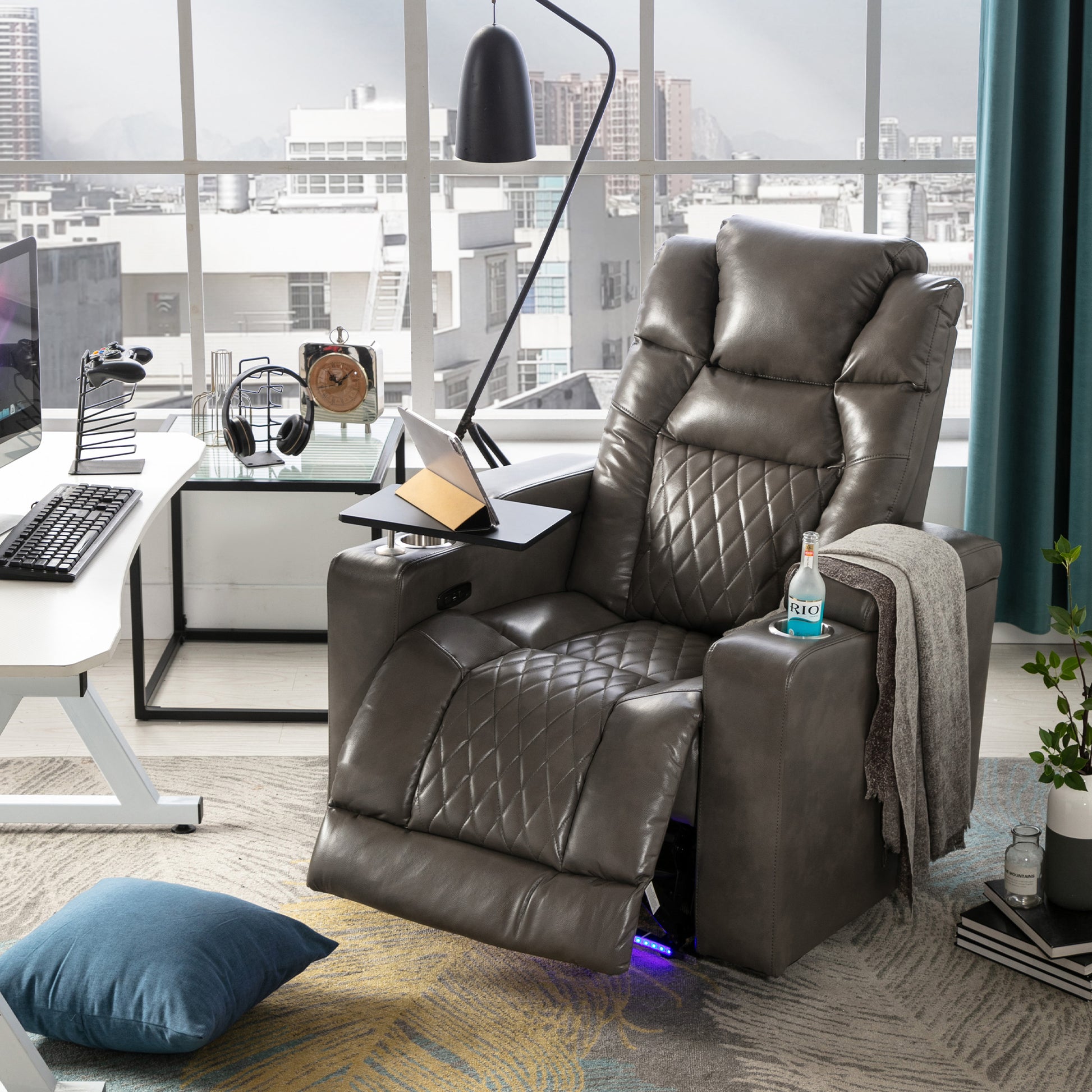 Power Motion Recliner With Usb Charging Port And Hidden Arm Storage, Home Theater Seating With 2 Convenient Cup Holders Design And 360 Swivel Tray Table Old Sku: Sg000441Aaa Grey Metal & Wood