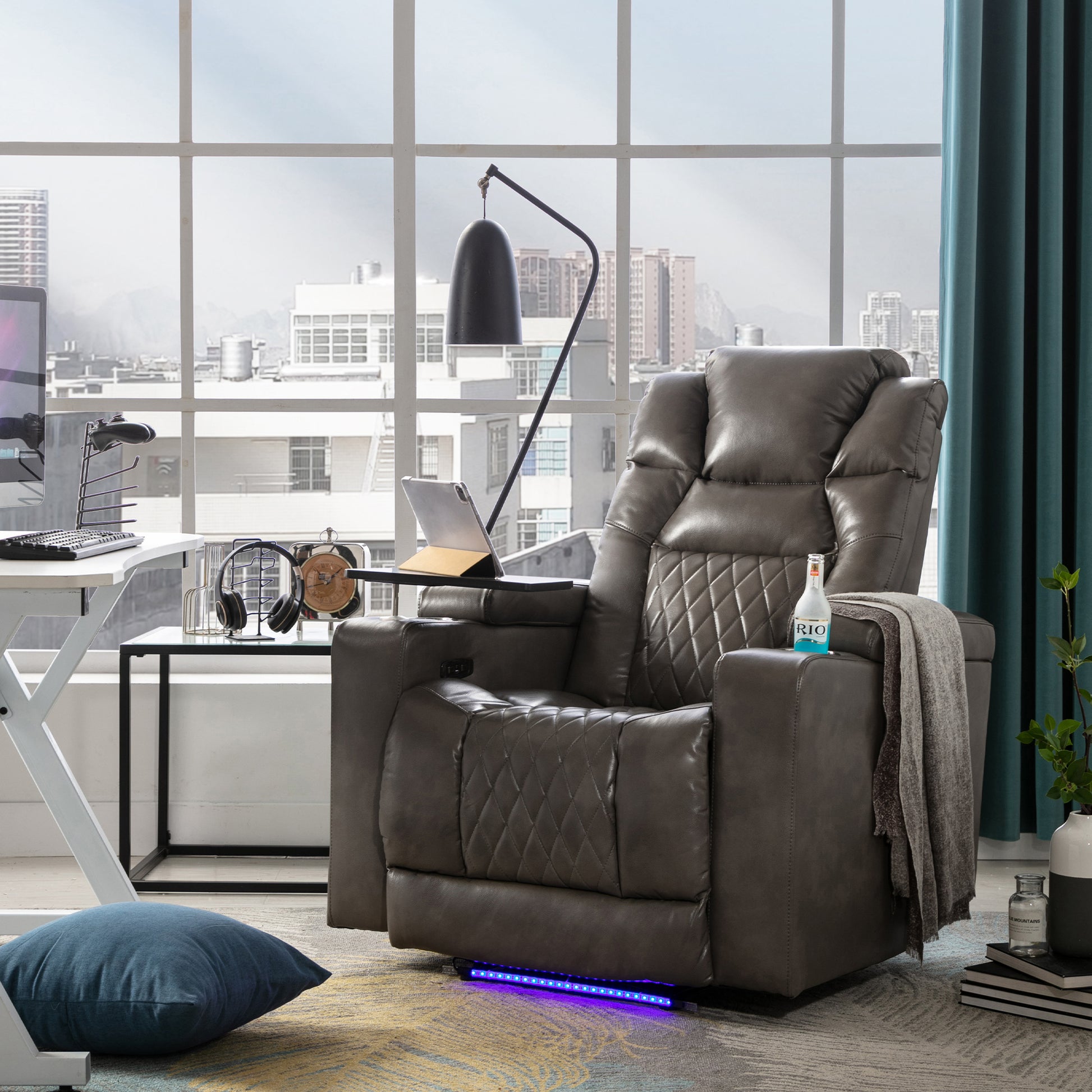 Power Motion Recliner With Usb Charging Port And Hidden Arm Storage, Home Theater Seating With 2 Convenient Cup Holders Design And 360 Swivel Tray Table Old Sku: Sg000441Aaa Grey Metal & Wood