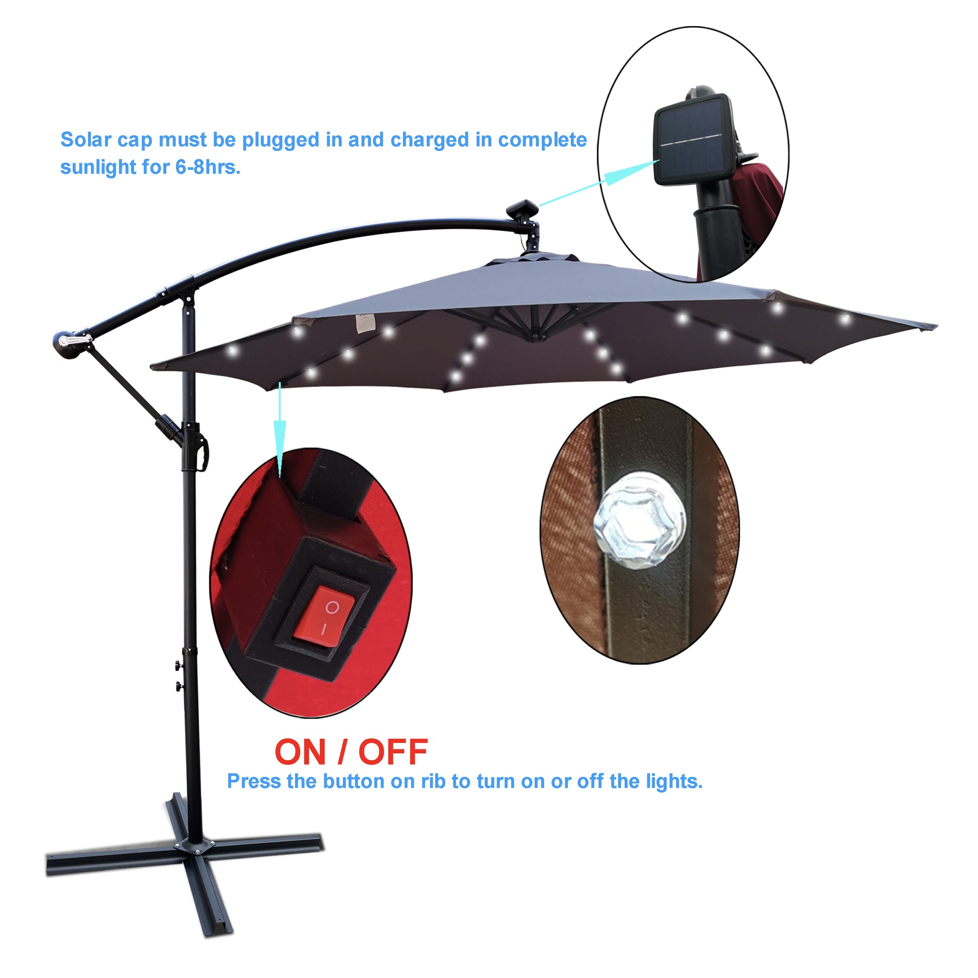 10 Ft Outdoor Patio Umbrella Solar Powered Led Lighted Sun Shade Market Waterproof 8 Ribs Umbrella With Crank And Cross Base For Garden Deck Backyard Pool Shade Outside Deck Swimming Pool Medium