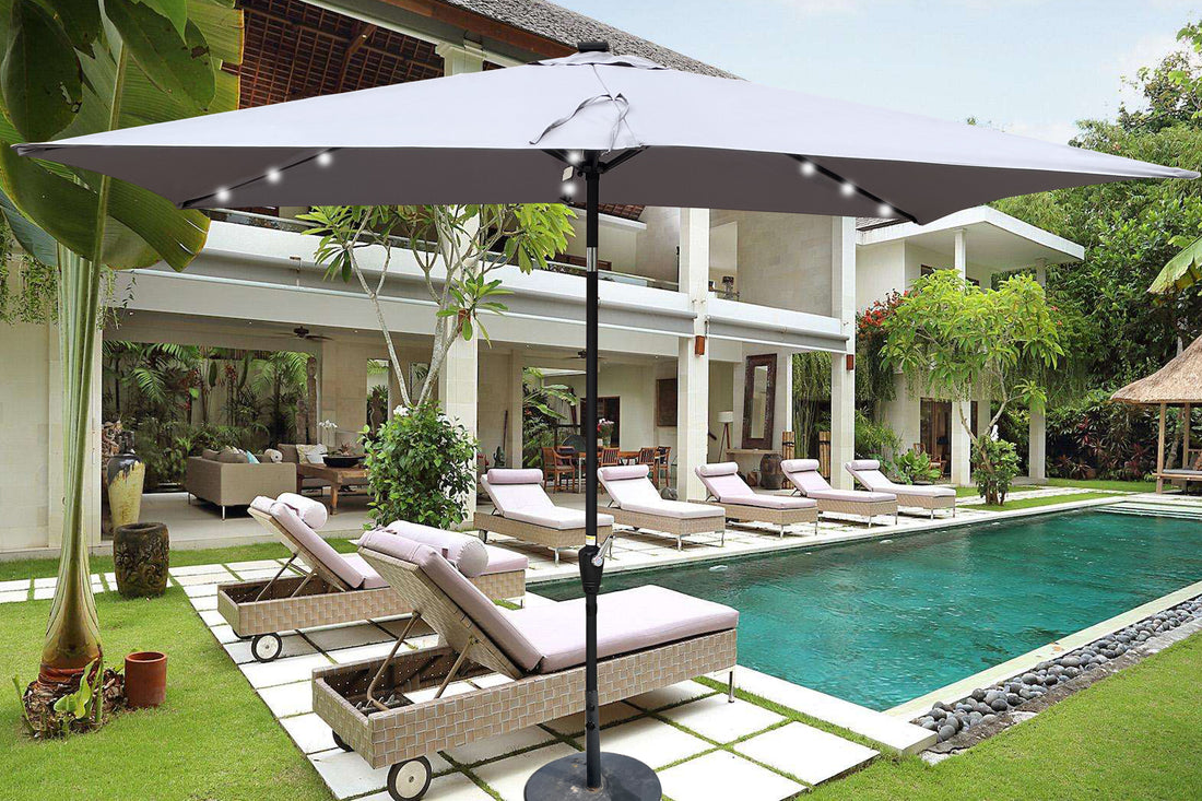 10 X 6.5T Rectangular Patio Solar Led Lighted Outdoor Umbrellas With Crank And Push Button Tilt For Garden Backyard Pool Swimming Pool Light Slate Grey Steel