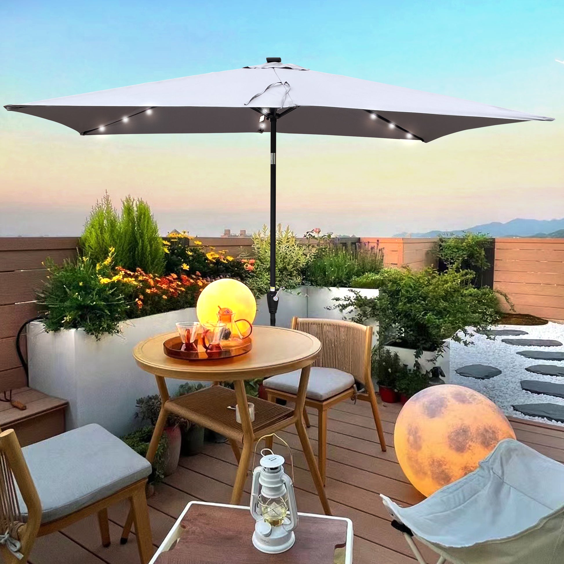 10 X 6.5T Rectangular Patio Solar Led Lighted Outdoor Umbrellas With Crank And Push Button Tilt For Garden Backyard Pool Swimming Pool Light Slate Grey Steel