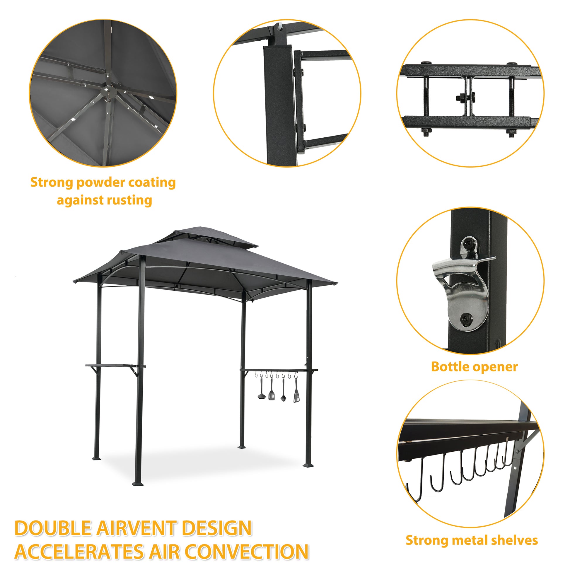 Outdoor Grill Gazebo 8 X 5 Ft, Shelter Tent, Double Tier Soft Top Canopy And Steel Frame With Hook And Bar Counters, Grey Gray Metal