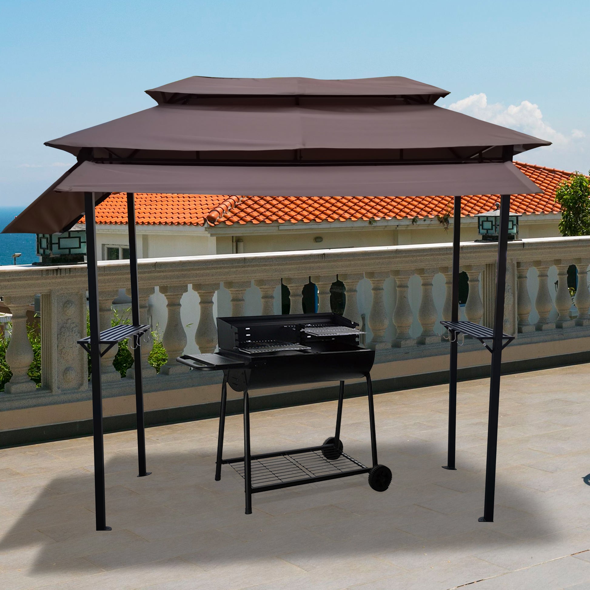 8X4Ft Grill Gazebo,Metal Gazebo With Soft Top Canopy And Steel Frame With Hook And Bar Counters,Fabric Light Brown Light Brown Steel