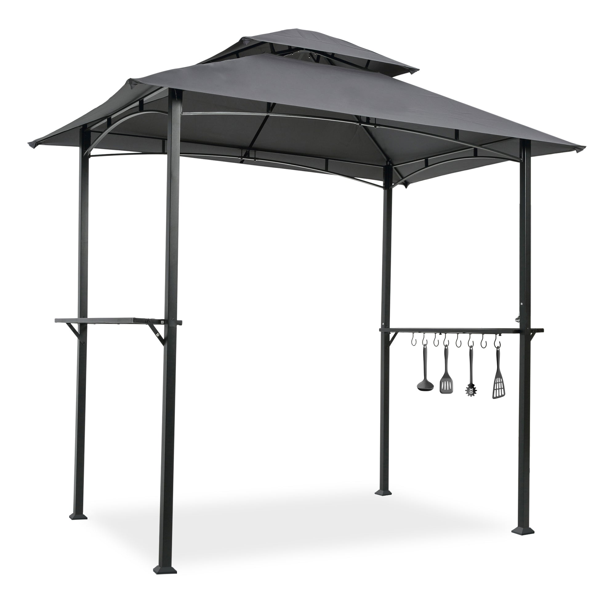 Outdoor Grill Gazebo 8 X 5 Ft, Shelter Tent, Double Tier Soft Top Canopy And Steel Frame With Hook And Bar Counters, Grey Gray Metal