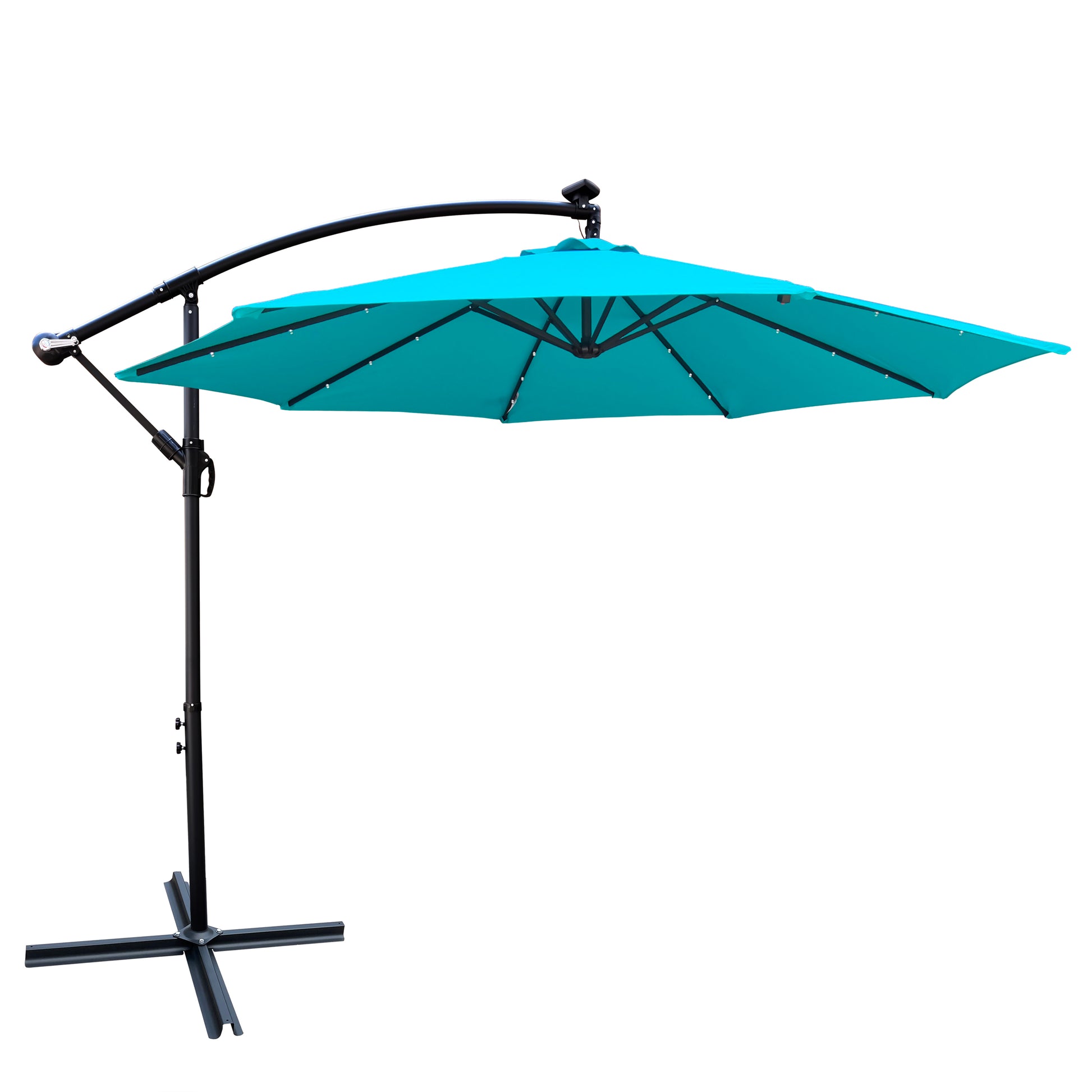 10 Ft Outdoor Patio Umbrella Solar Powered Led Lighted Sun Shade Market Waterproof 8 Ribs Umbrella With Crank And Cross Base For Garden Deck Backyard Pool Shade Outside Deck Swimming Pool Turquoise