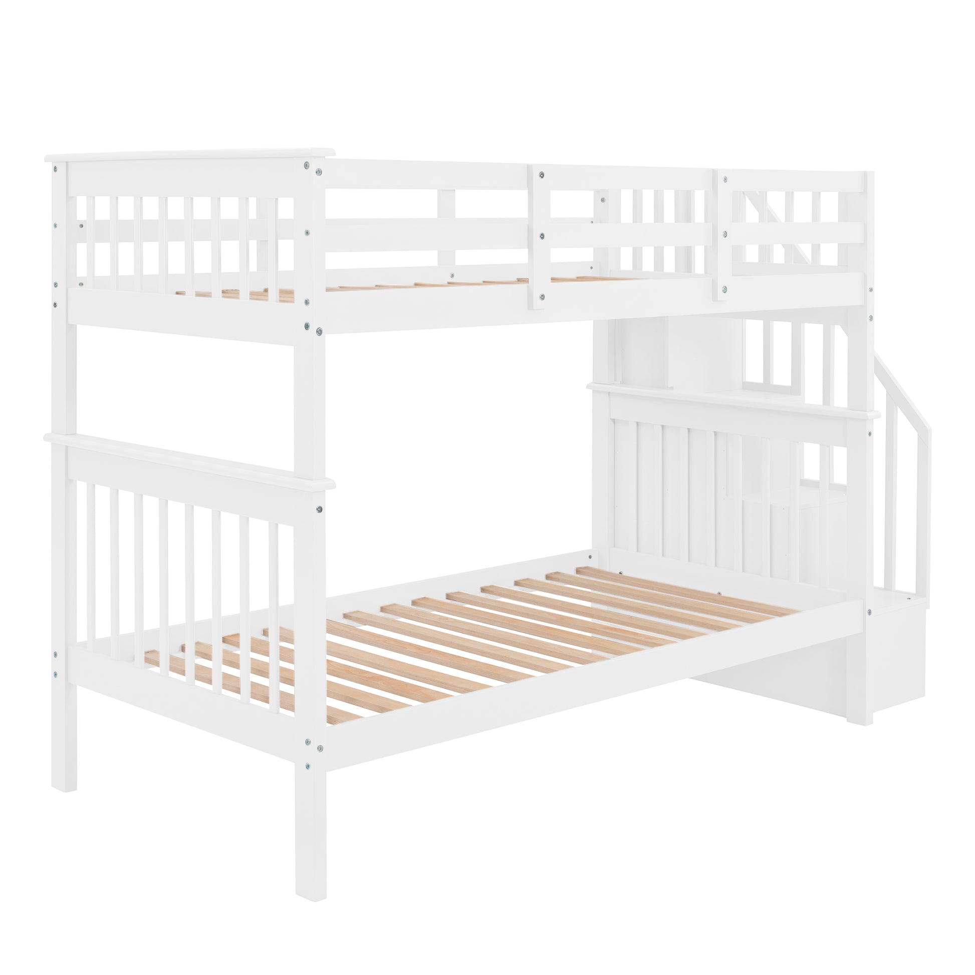 Stairway Twin Over Twin Bunk Bed With Storage And Guard Rail For Bedroom, Dorm, White Color Old Sku :Lp000109Aak White Solid Wood