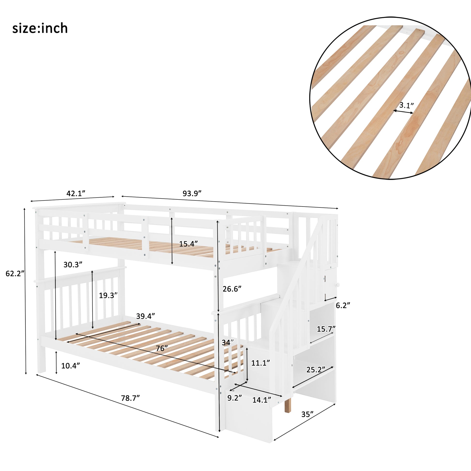 Stairway Twin Over Twin Bunk Bed With Storage And Guard Rail For Bedroom, Dorm, White Color Old Sku :Lp000109Aak White Solid Wood