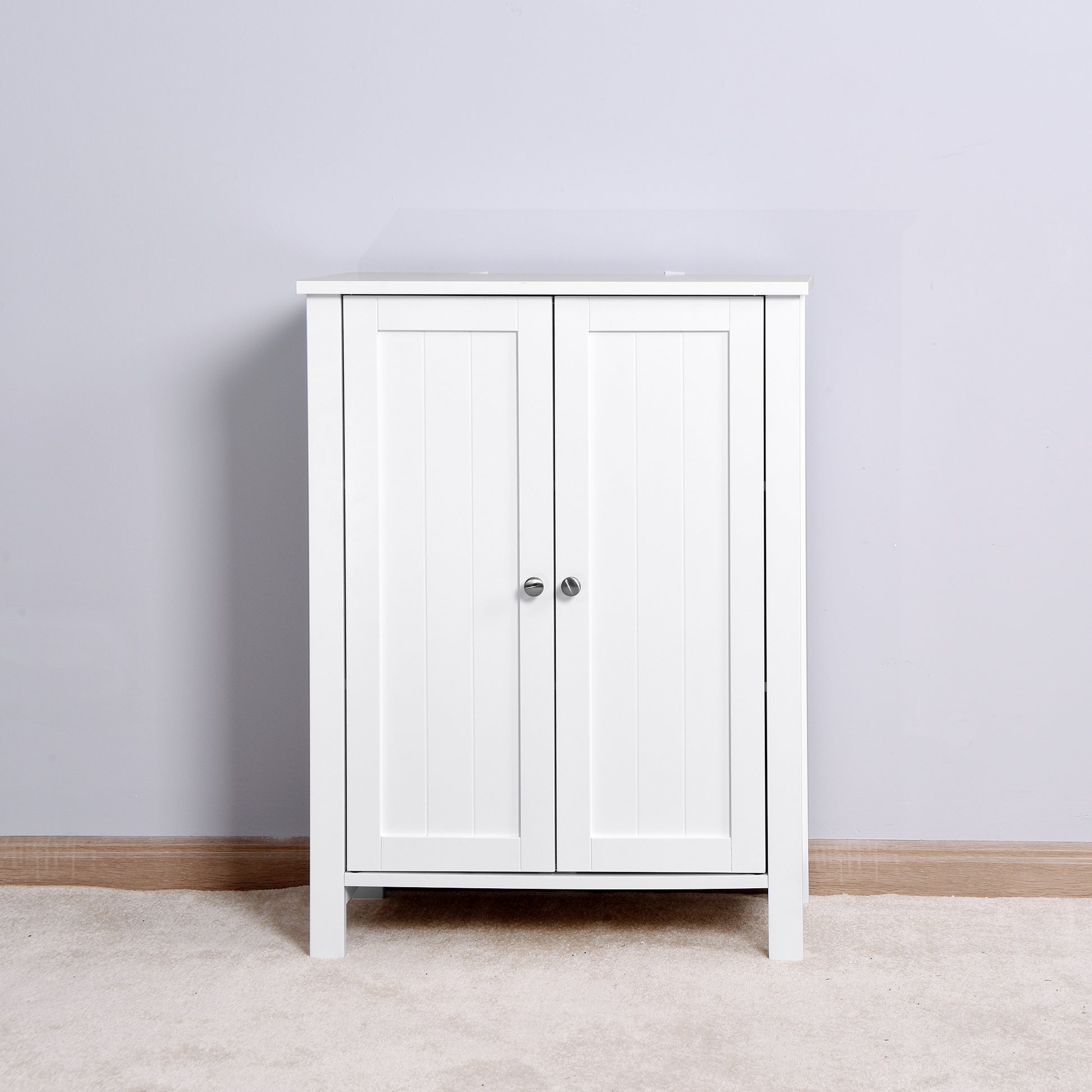 Bathroom Floor Storage Cabinet With Double Door Adjustable Shelf, White White Mdf