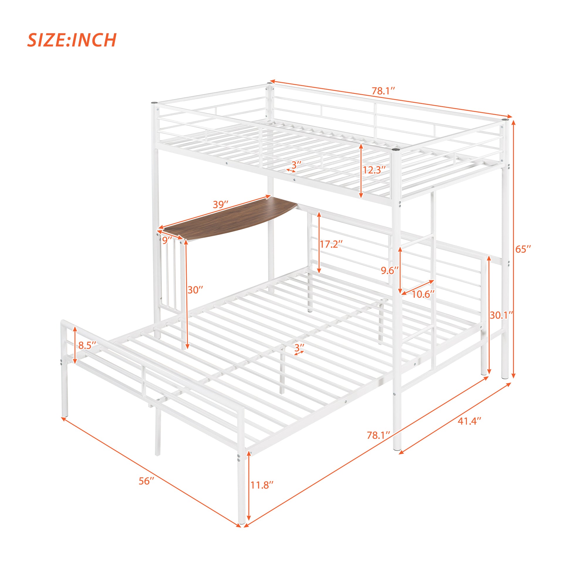 Twin Over Full Metal Bunk Bed With Desk, Ladder And Quality Slats For Bedroom, Metallic White Old Sku :Lp000092Aak White Metal