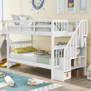 Stairway Twin Over Twin Bunk Bed With Storage And Guard Rail For Bedroom, Dorm, White Color Old Sku :Lp000109Aak White Solid Wood