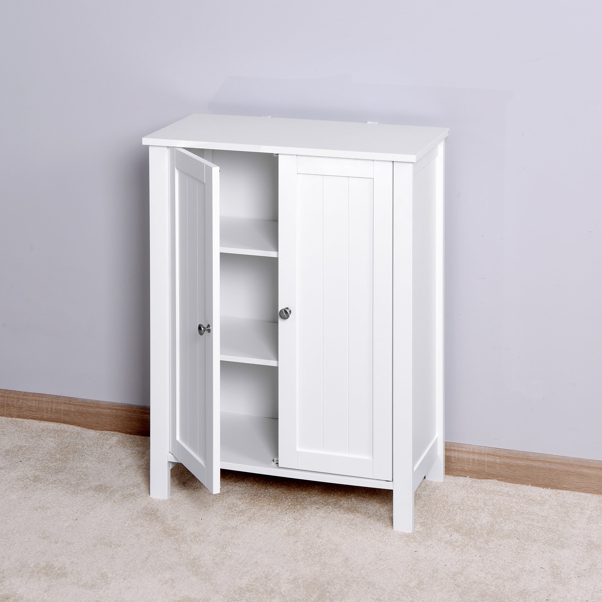 Bathroom Floor Storage Cabinet With Double Door Adjustable Shelf, White White Mdf