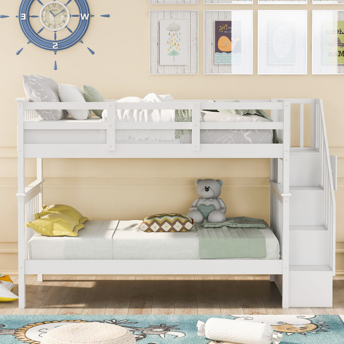 Stairway Twin Over Twin Bunk Bed With Storage And Guard Rail For Bedroom, Dorm, White Color Old Sku :Lp000109Aak White Solid Wood