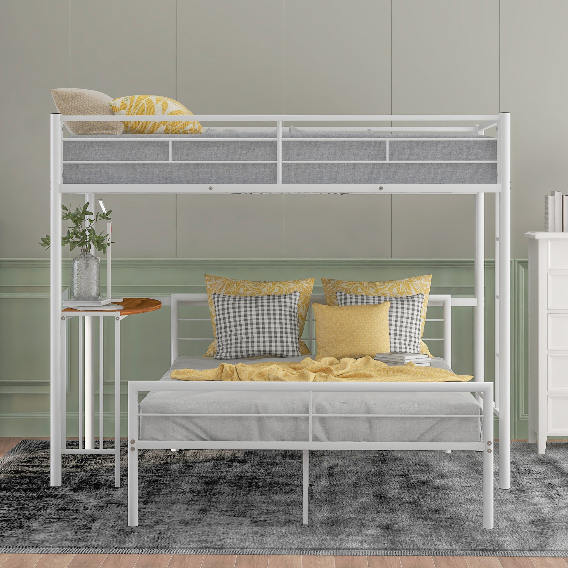 Twin Over Full Metal Bunk Bed With Desk, Ladder And Quality Slats For Bedroom, Metallic White Old Sku :Lp000092Aak White Metal
