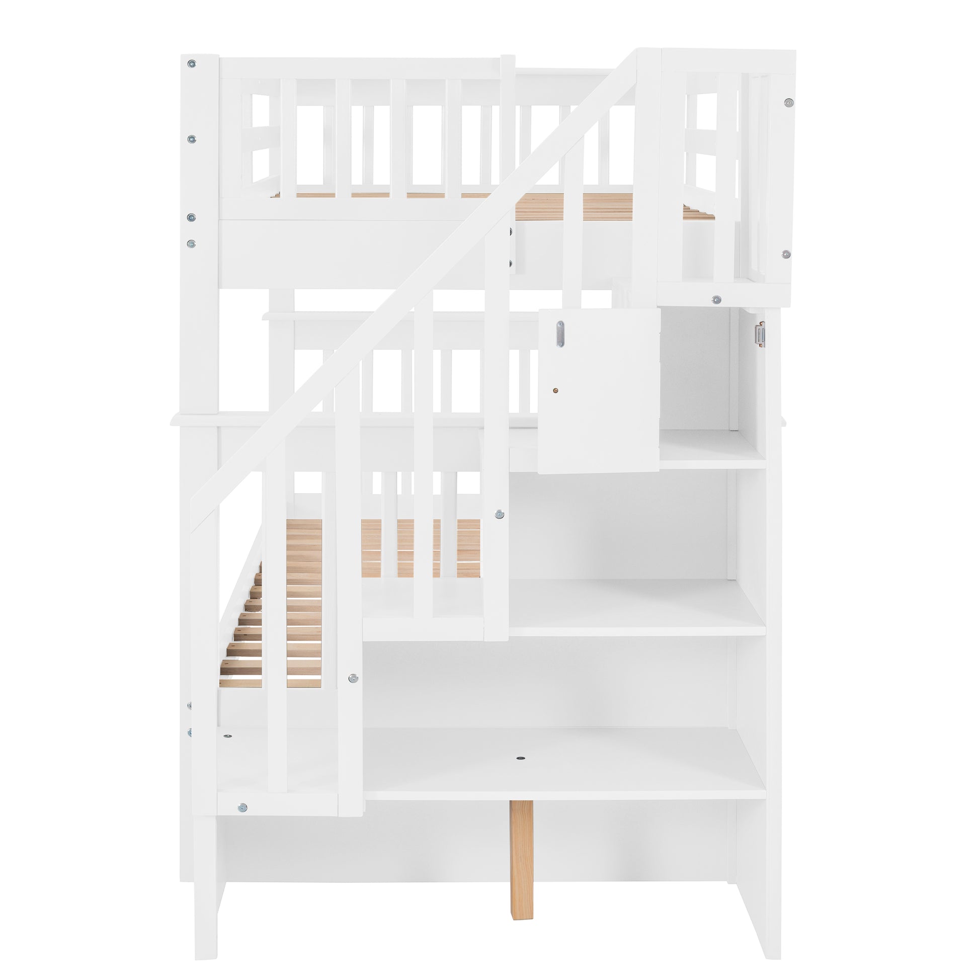 Stairway Twin Over Twin Bunk Bed With Storage And Guard Rail For Bedroom, Dorm, White Color Old Sku :Lp000109Aak White Solid Wood