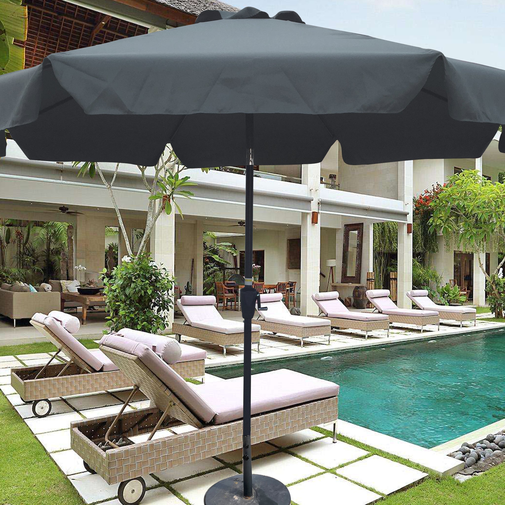 Outdoor Patio Umbrella 10Ft 3M With Flap ,8Pcs Ribs,With Tilt ,With Crank,Without Base, Grey Anthracite,Pole Size 38Mm 1.49Inch Dark Gray Metal