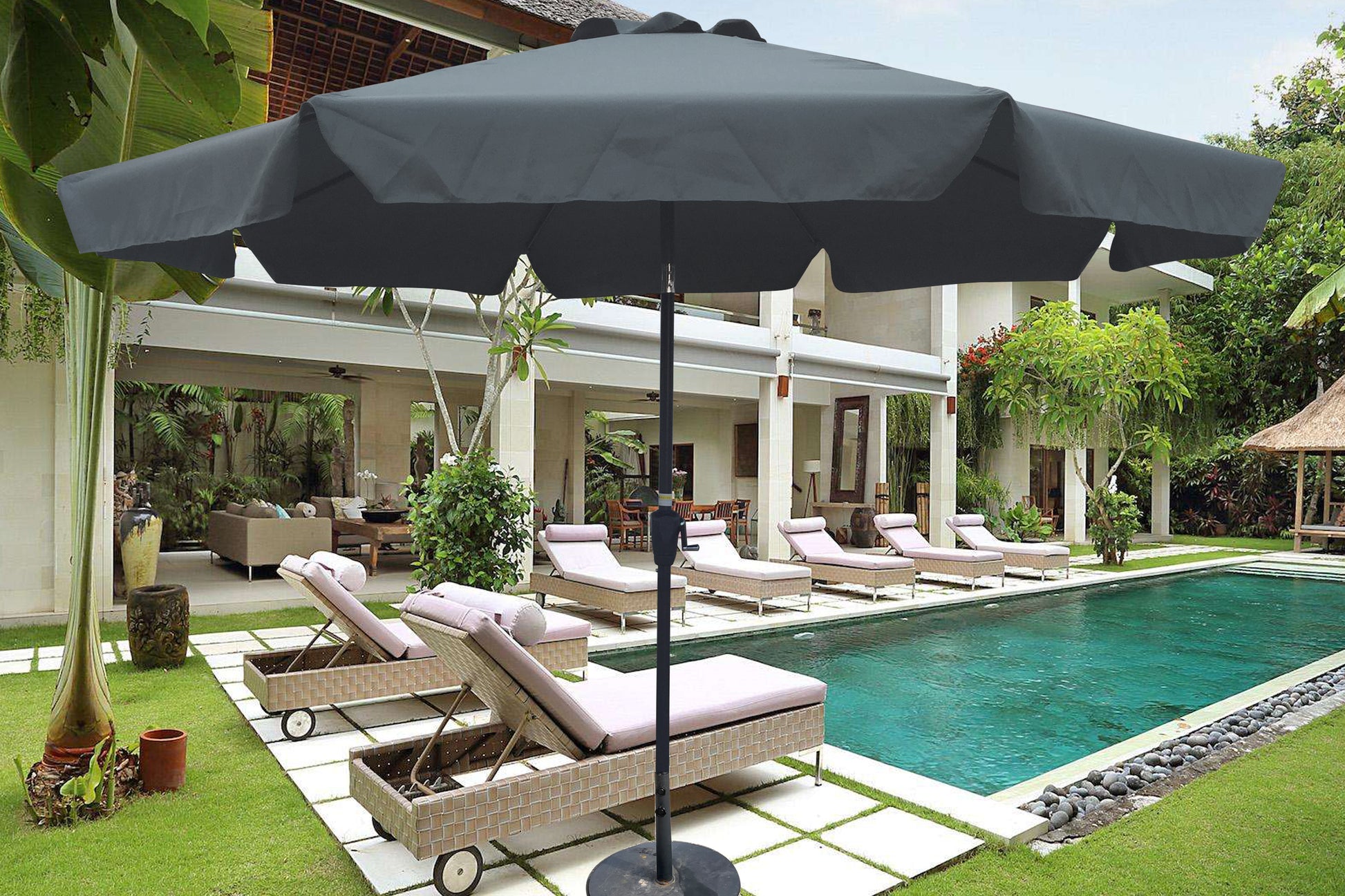 Outdoor Patio Umbrella 10Ft 3M With Flap ,8Pcs Ribs,With Tilt ,With Crank,Without Base, Grey Anthracite,Pole Size 38Mm 1.49Inch Dark Gray Metal