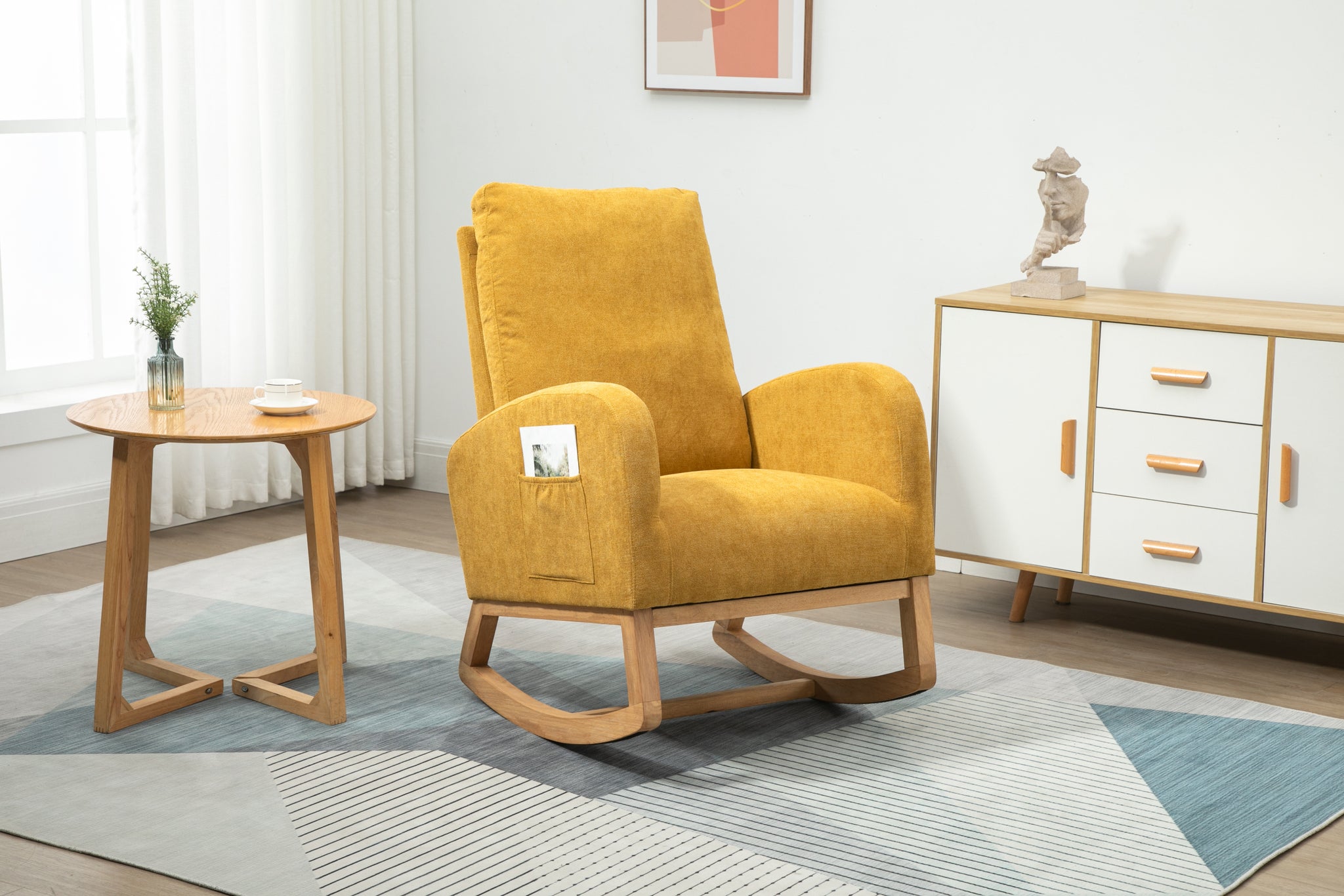 Coolmore Rocking Chair, Modern Glider Chair, Recliner Armchair With Wood Legs And Side Pocket, Nursery Rocking Accent Chair With High Back For Living Room Bedroom Mustard Yellow Linen Mustard Yellow Foam Solid Wood