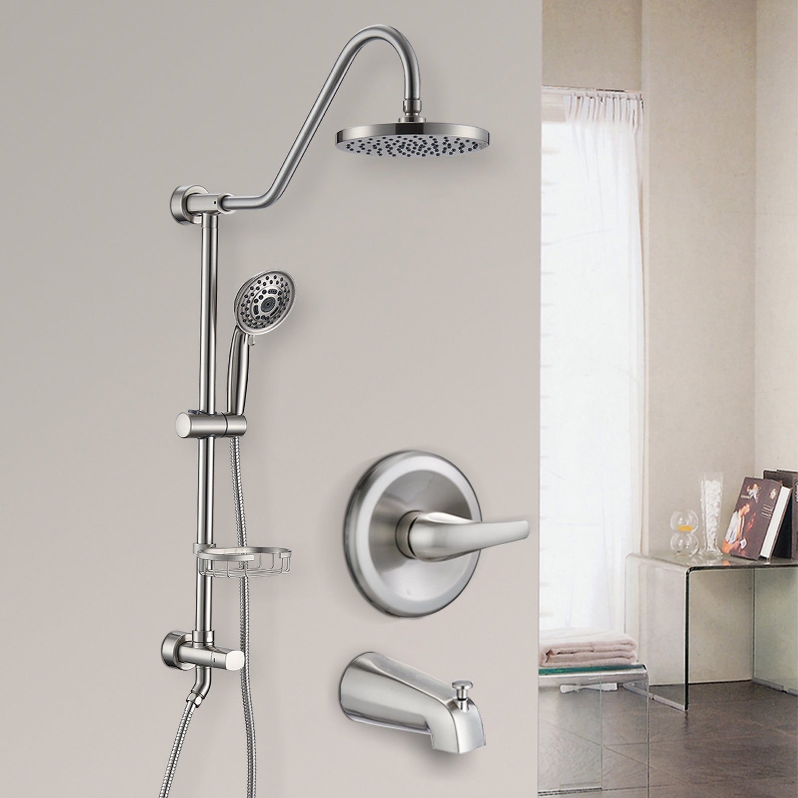 Shower Head With Handheld Shower System With 8" Rain Shower Head With Tub Spout Rough In Valve Included Brushed Nickel Stainless Steel