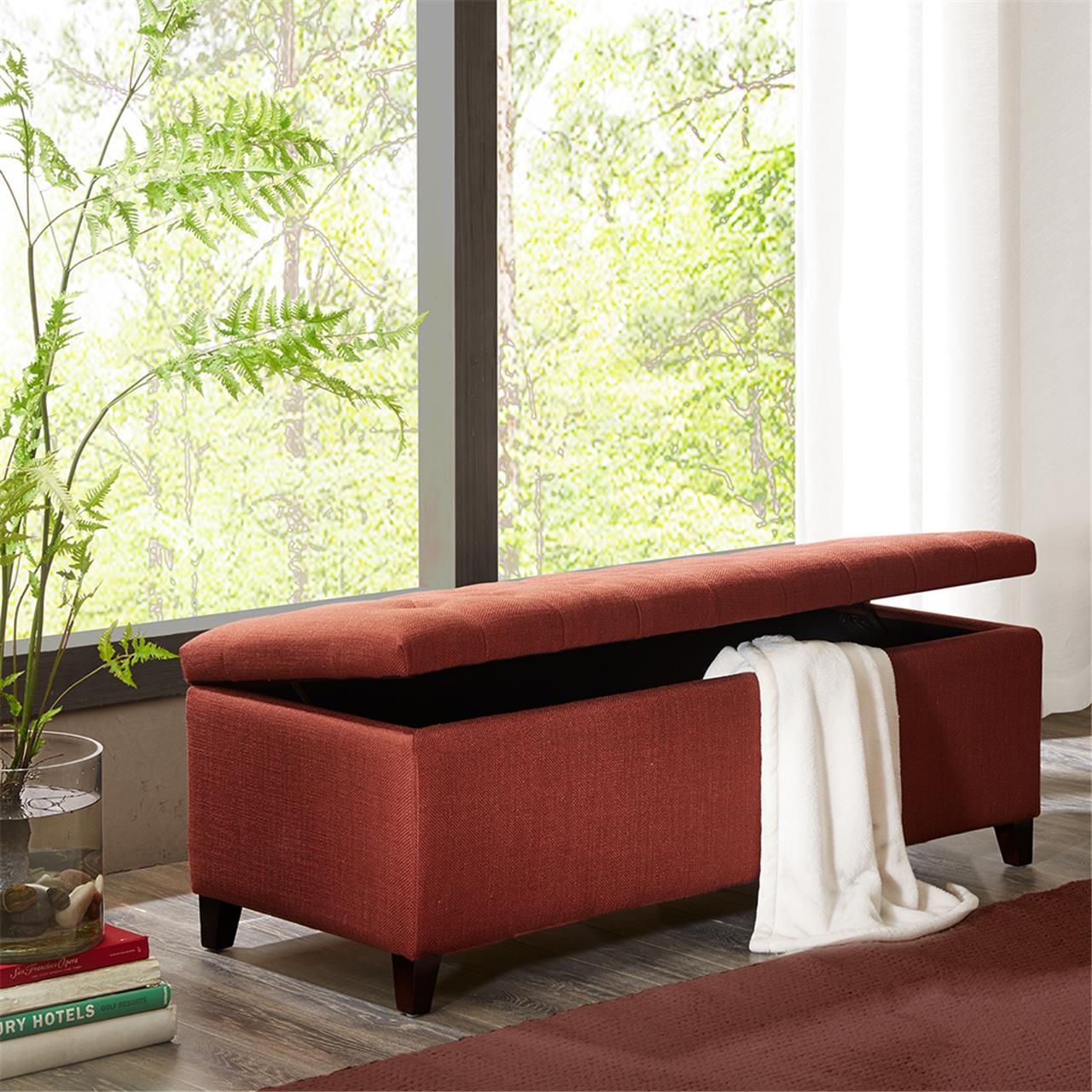 Tufted Top Soft Close Storage Bench Rust Red Polyester