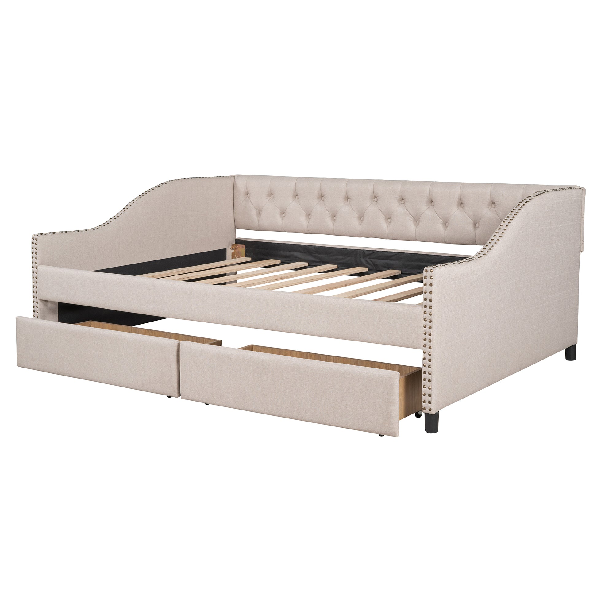 Upholstered Daybed With Two Drawers, Wood Slat Support, Beige, Full Size Old Sku :Lp001111Aaa Beige Solid Wood