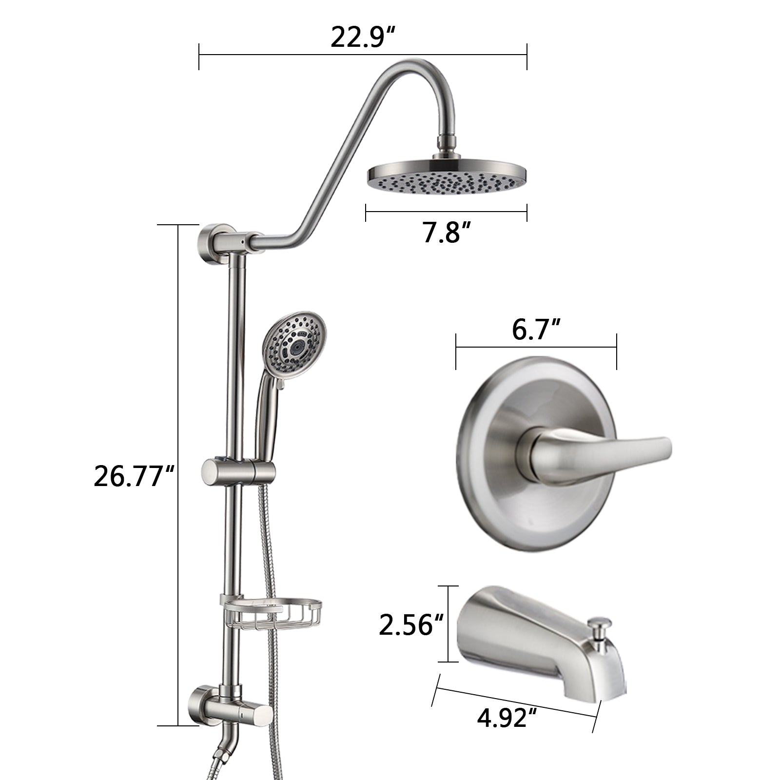 Shower Head With Handheld Shower System With 8" Rain Shower Head With Tub Spout Rough In Valve Included Brushed Nickel Stainless Steel