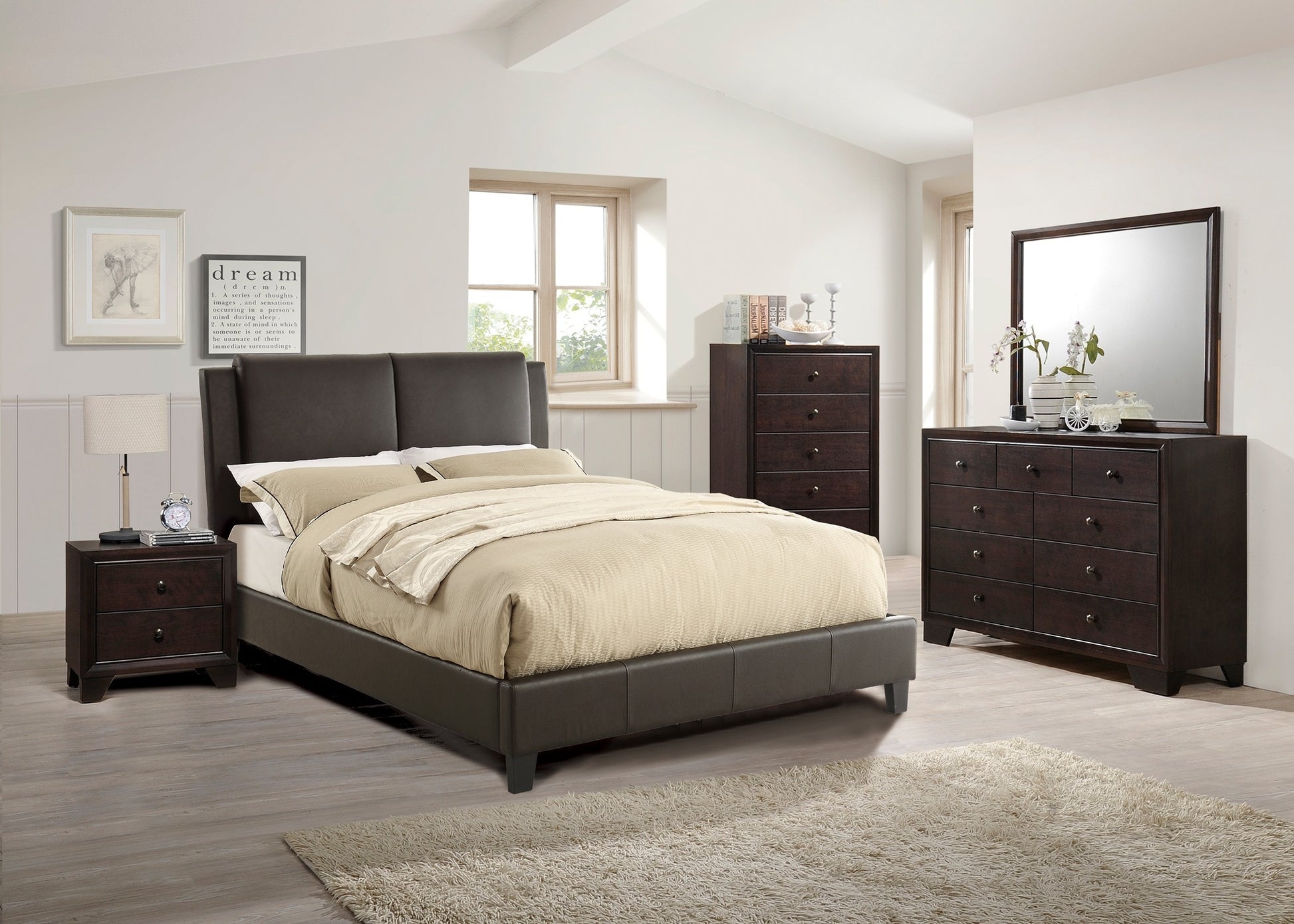 Eastern King Size Bed 1Pc Bed Set Brown Faux Leather Upholstered Two Panel Bed Frame Headboard Bedroom Furniture Box Spring Not Required King Brown Wood Bedroom Modern Pine Bed Frame Faux Leather Particle Board