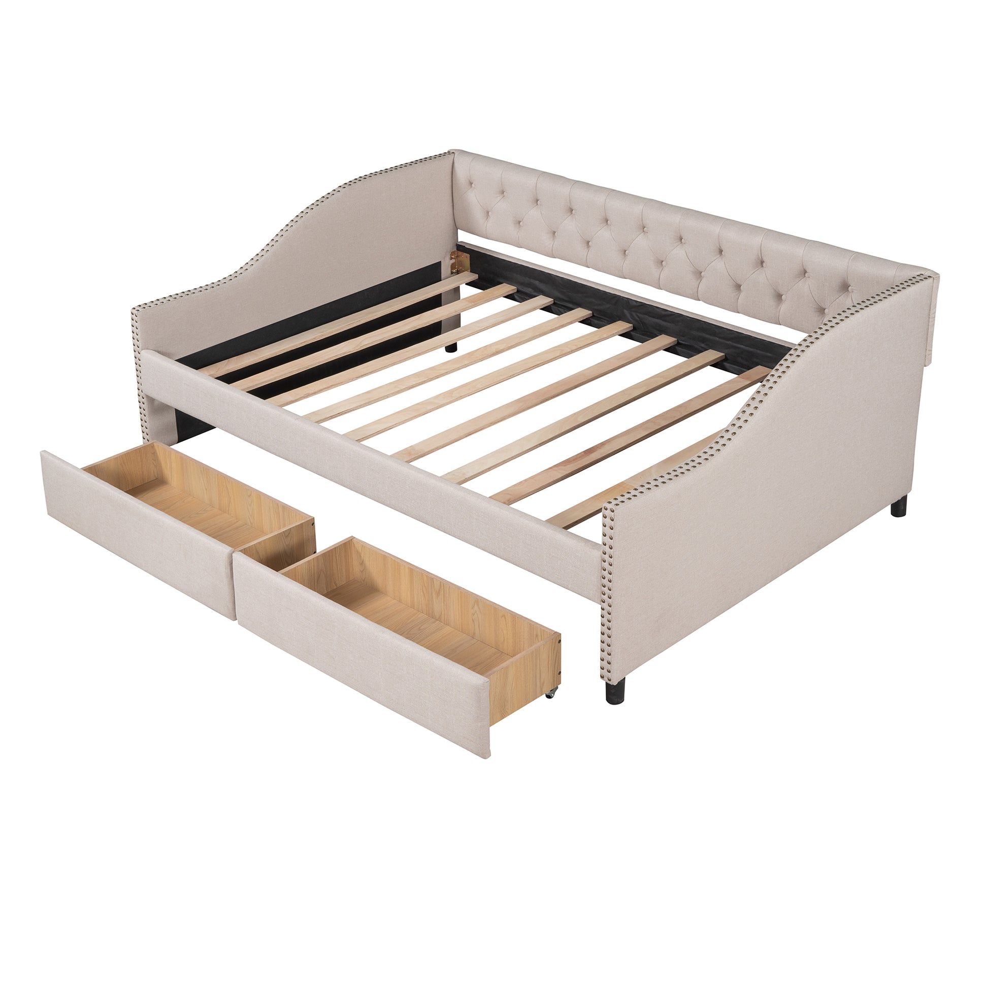 Upholstered Daybed With Two Drawers, Wood Slat Support, Beige, Full Size Old Sku :Lp001111Aaa Beige Solid Wood