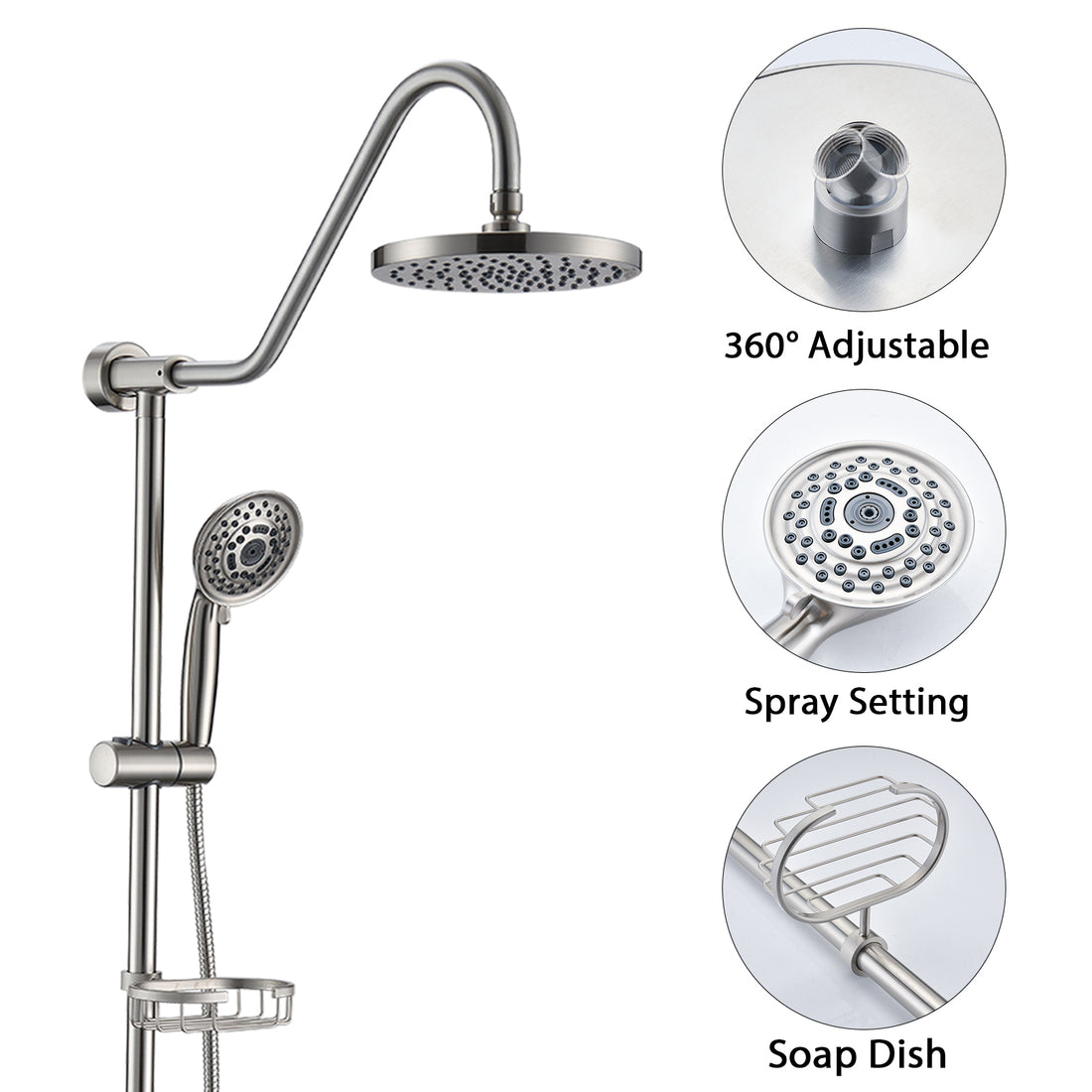 Shower Head With Handheld Shower System With 8" Rain Shower Head With Tub Spout Rough In Valve Included Brushed Nickel Stainless Steel