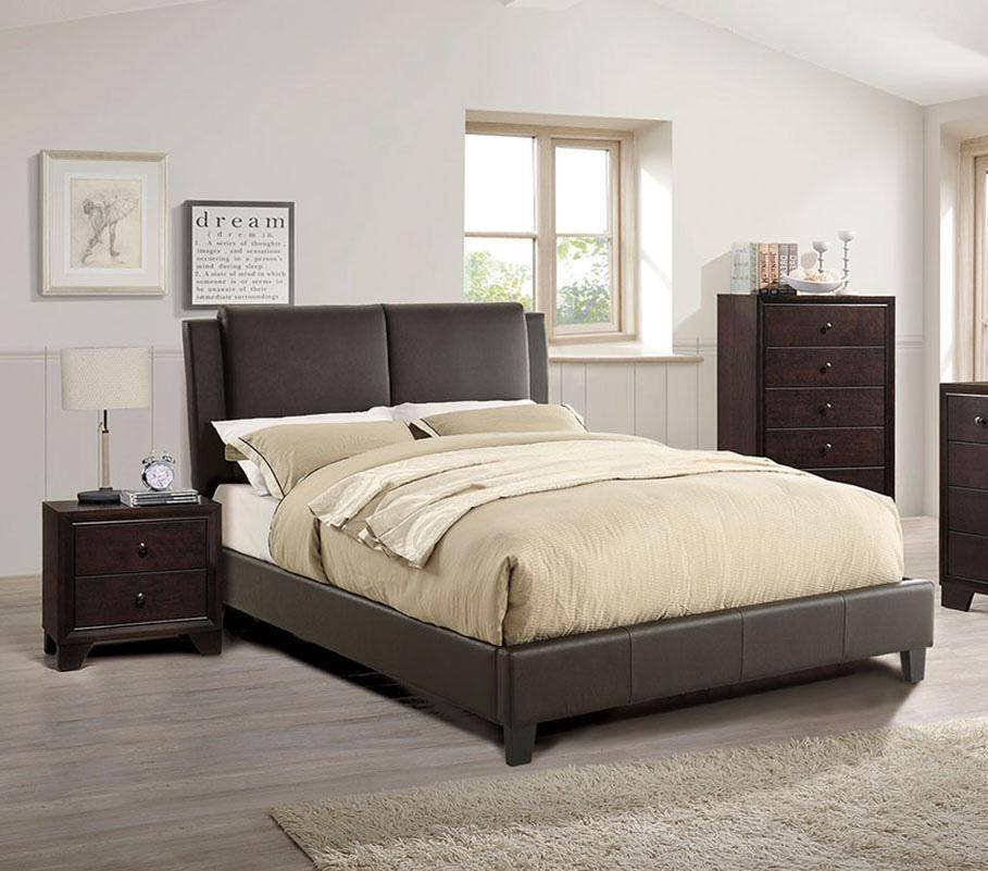 California King Size Bed 1Pc Bed Set Brown Faux Leather Upholstered Two Panel Bed Frame Headboard Bedroom Furniture Box Spring Not Required California King Brown Wood Bedroom Modern Pine Bed Frame Faux Leather Particle Board