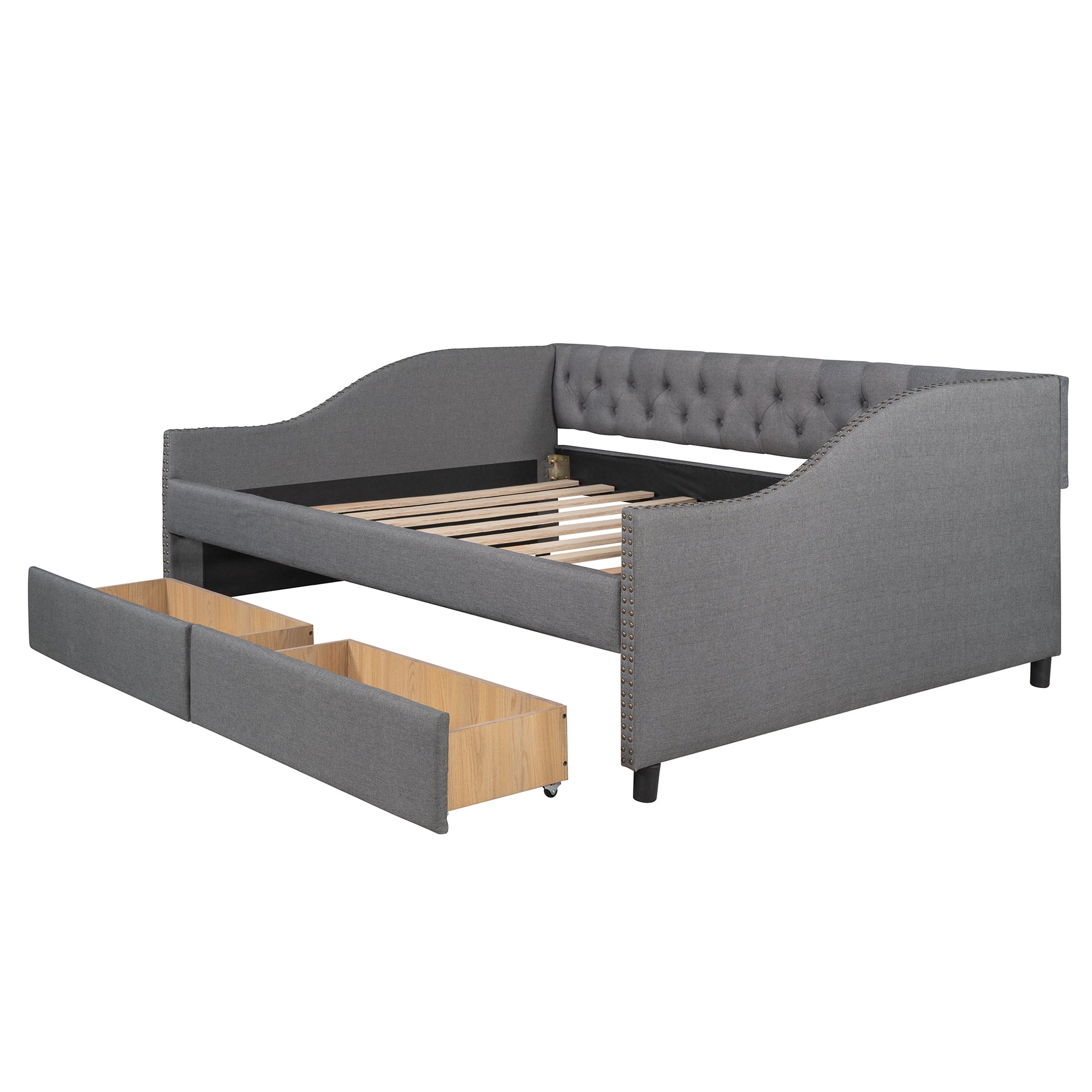 Upholstered Daybed With Two Drawers, Wood Slat Support, Gray, Full Size Old Sku :Lp001111Aae Gray Solid Wood