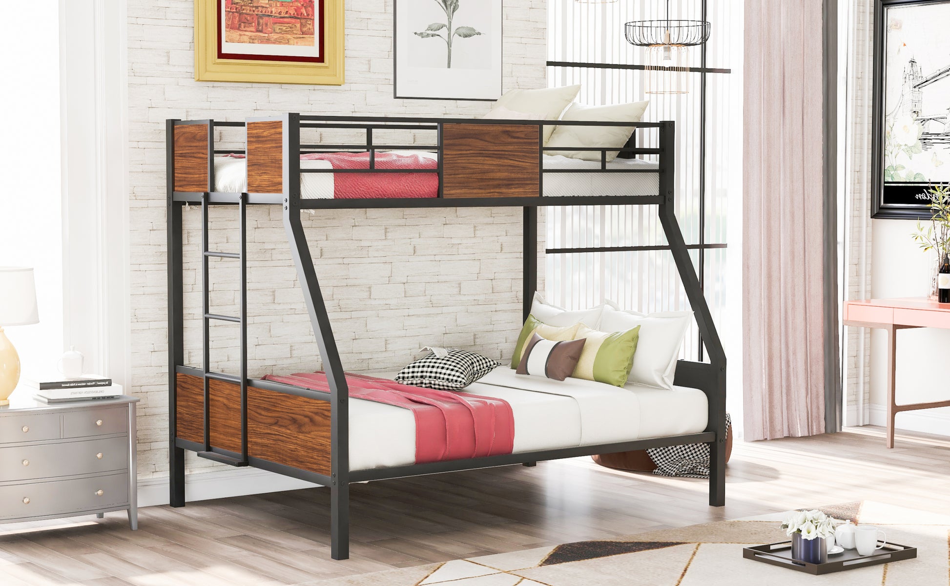 Twin Over Full Bunk Bed Modern Style Steel Frame Bunk Bed With Safety Rail, Built In Ladder For Bedroom, Dorm, Boys, Girls, Adults Old Sku:Lp000090Aad Full Brown Metal