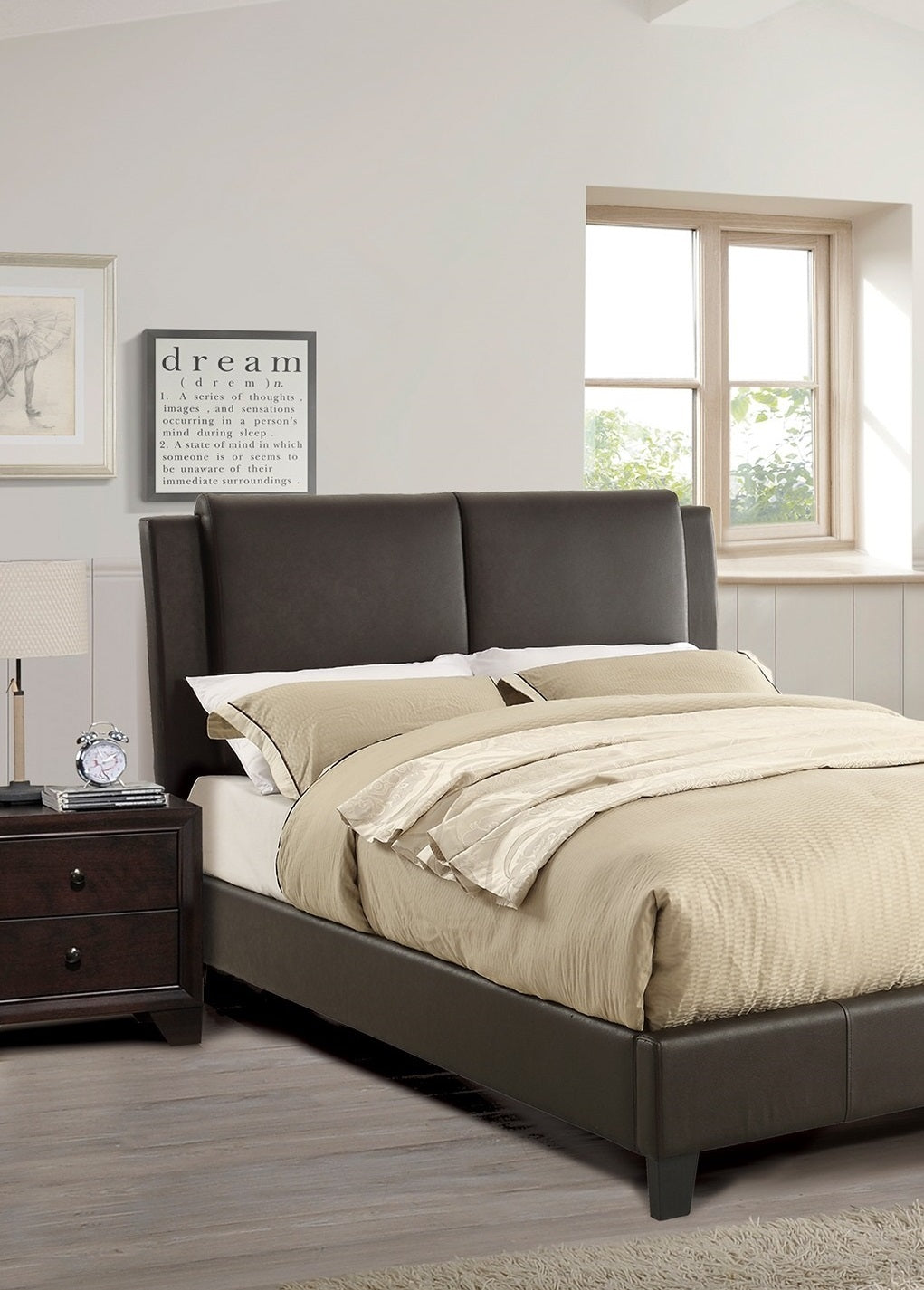 Queen Size Bed 1Pc Bed Set Brown Faux Leather Upholstered Two Panel Bed Frame Headboard Bedroom Furniture Box Spring Not Required Queen Brown Wood Bedroom Modern,Transitional Pine Bed Frame Faux Leather Particle Board