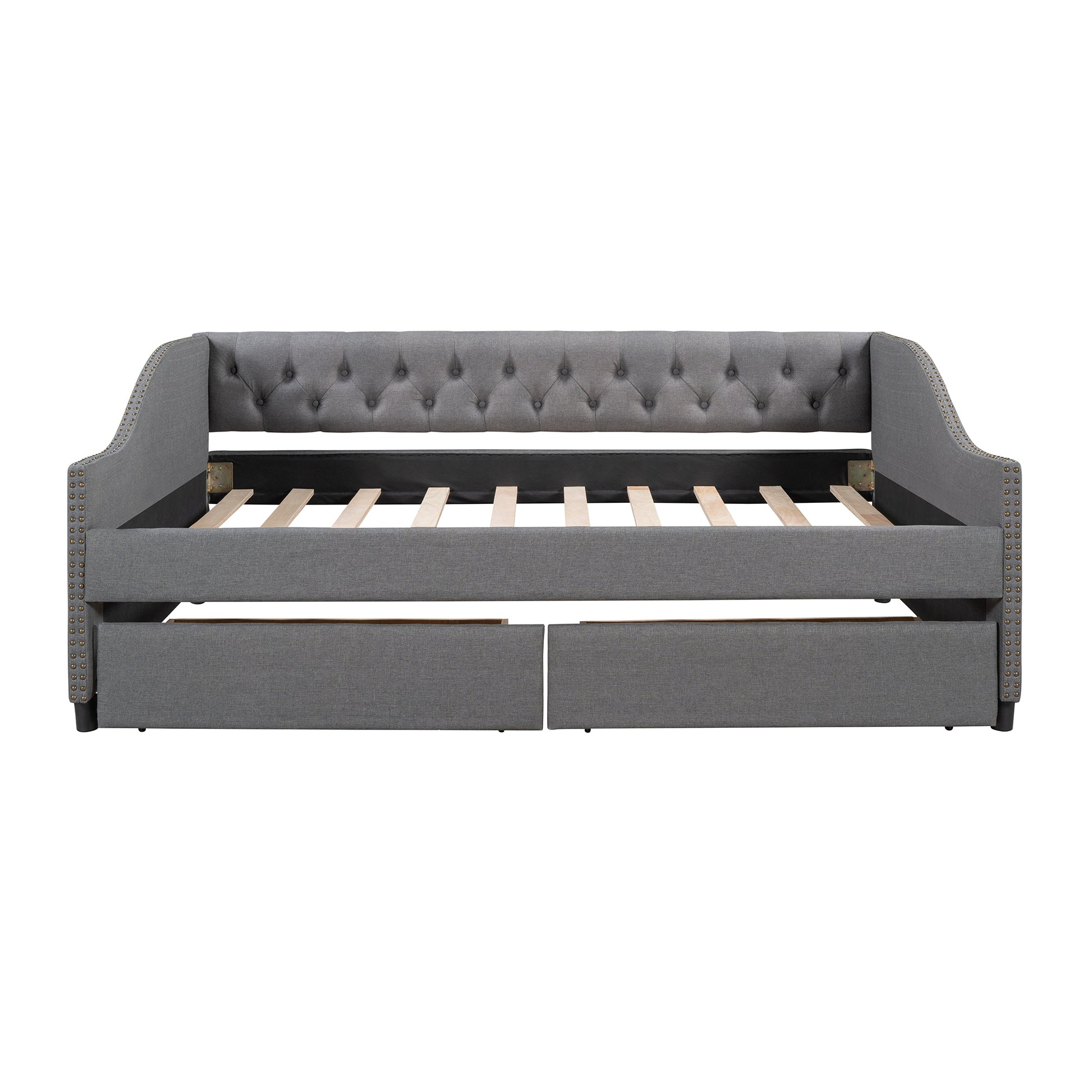 Upholstered Daybed With Two Drawers, Wood Slat Support, Gray, Full Size Old Sku :Lp001111Aae Gray Solid Wood