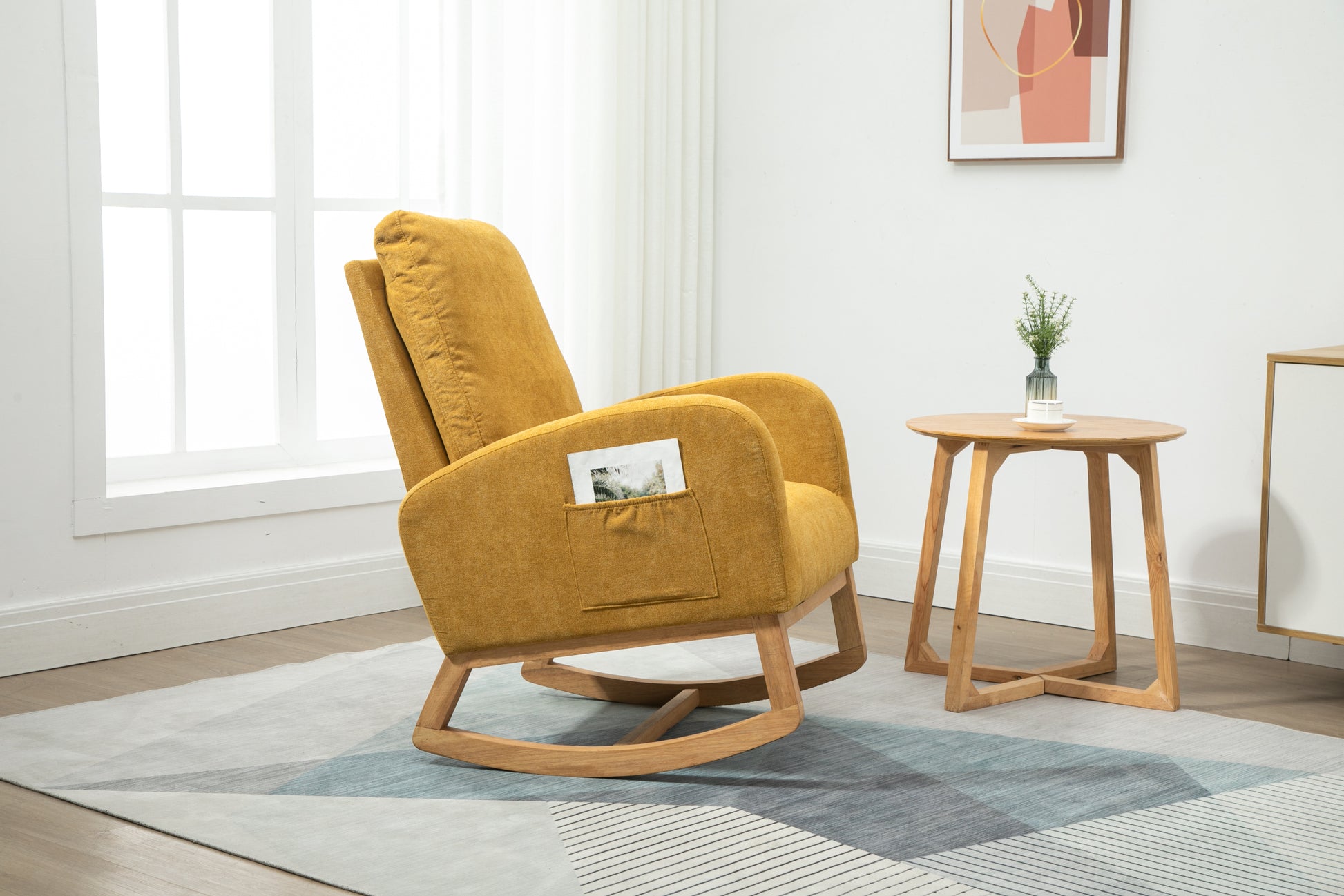 Coolmore Rocking Chair, Modern Glider Chair, Recliner Armchair With Wood Legs And Side Pocket, Nursery Rocking Accent Chair With High Back For Living Room Bedroom Mustard Yellow Linen Mustard Yellow Foam Solid Wood