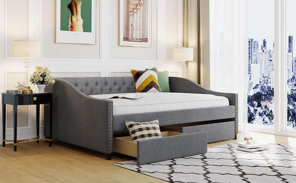 Upholstered Daybed With Two Drawers, Wood Slat Support, Gray, Full Size Old Sku :Lp001111Aae Gray Solid Wood