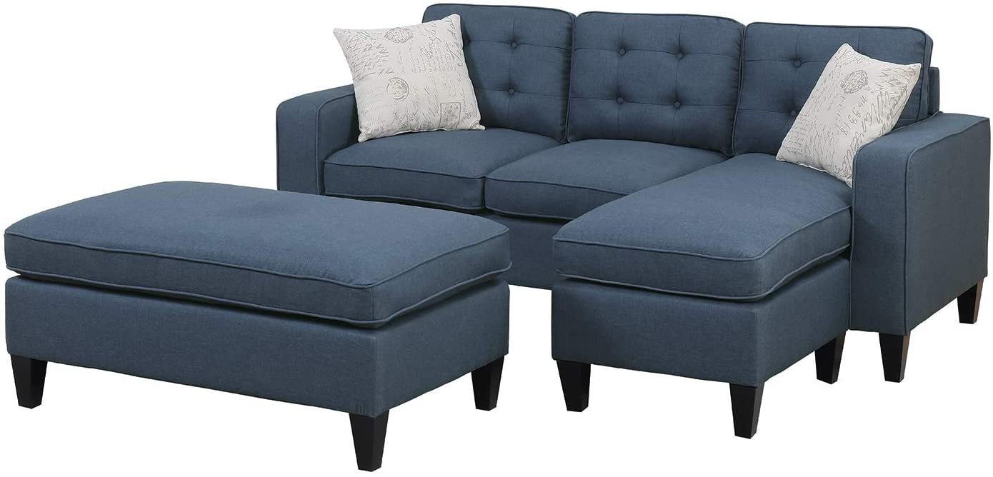 Reversible 3Pc Sectional Sofa Set Navy Tufted Polyfiber Wood Legs Chaise Sofa Ottoman Pillows Cushion Couch Navy Wood Primary Living Space Cushion Back Contemporary,Modern L Shaped Pine Square Arms Fabric 4 Seat