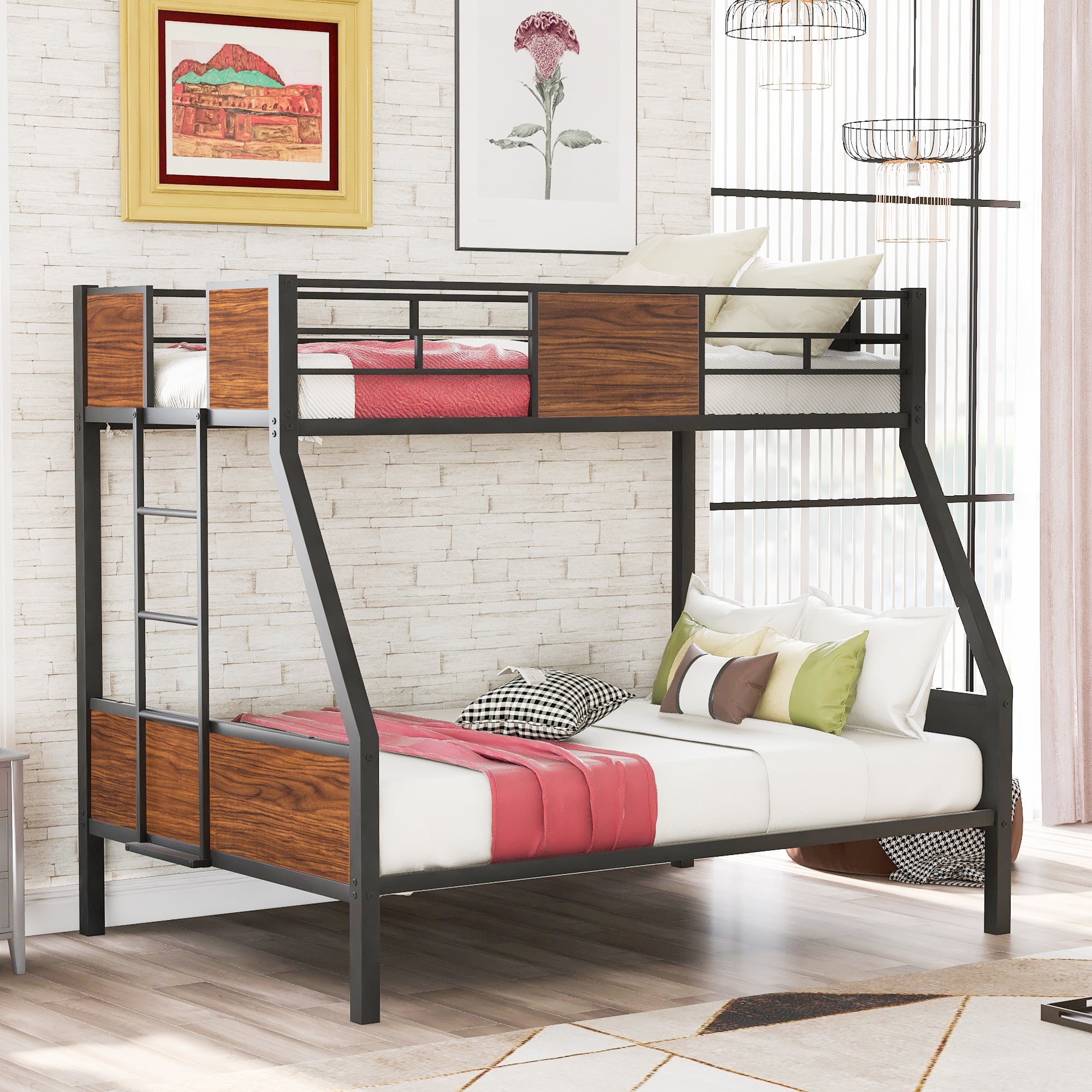 Twin Over Full Bunk Bed Modern Style Steel Frame Bunk Bed With Safety Rail, Built In Ladder For Bedroom, Dorm, Boys, Girls, Adults Old Sku:Lp000090Aad Full Brown Metal