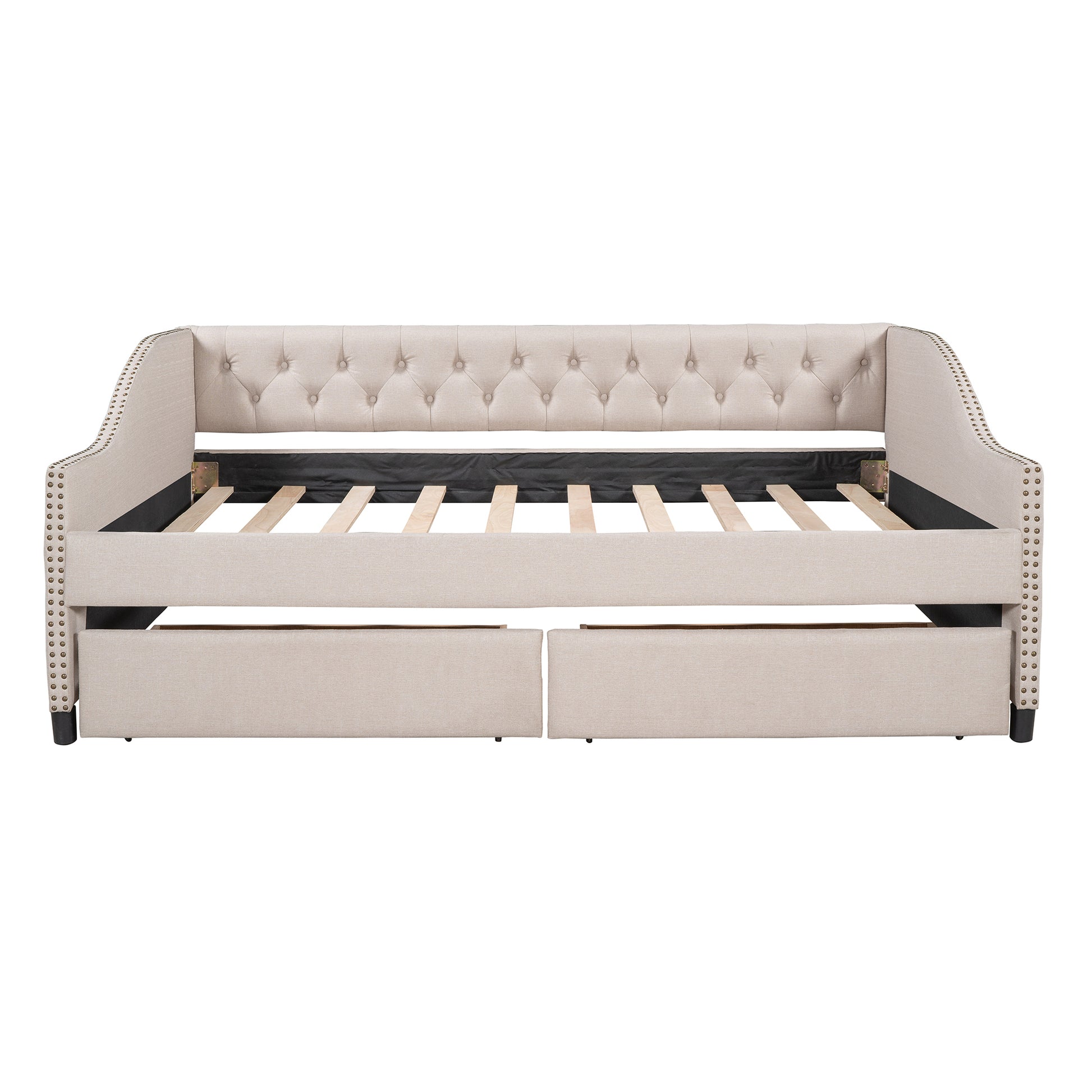 Upholstered Daybed With Two Drawers, Wood Slat Support, Beige, Full Size Old Sku :Lp001111Aaa Beige Solid Wood