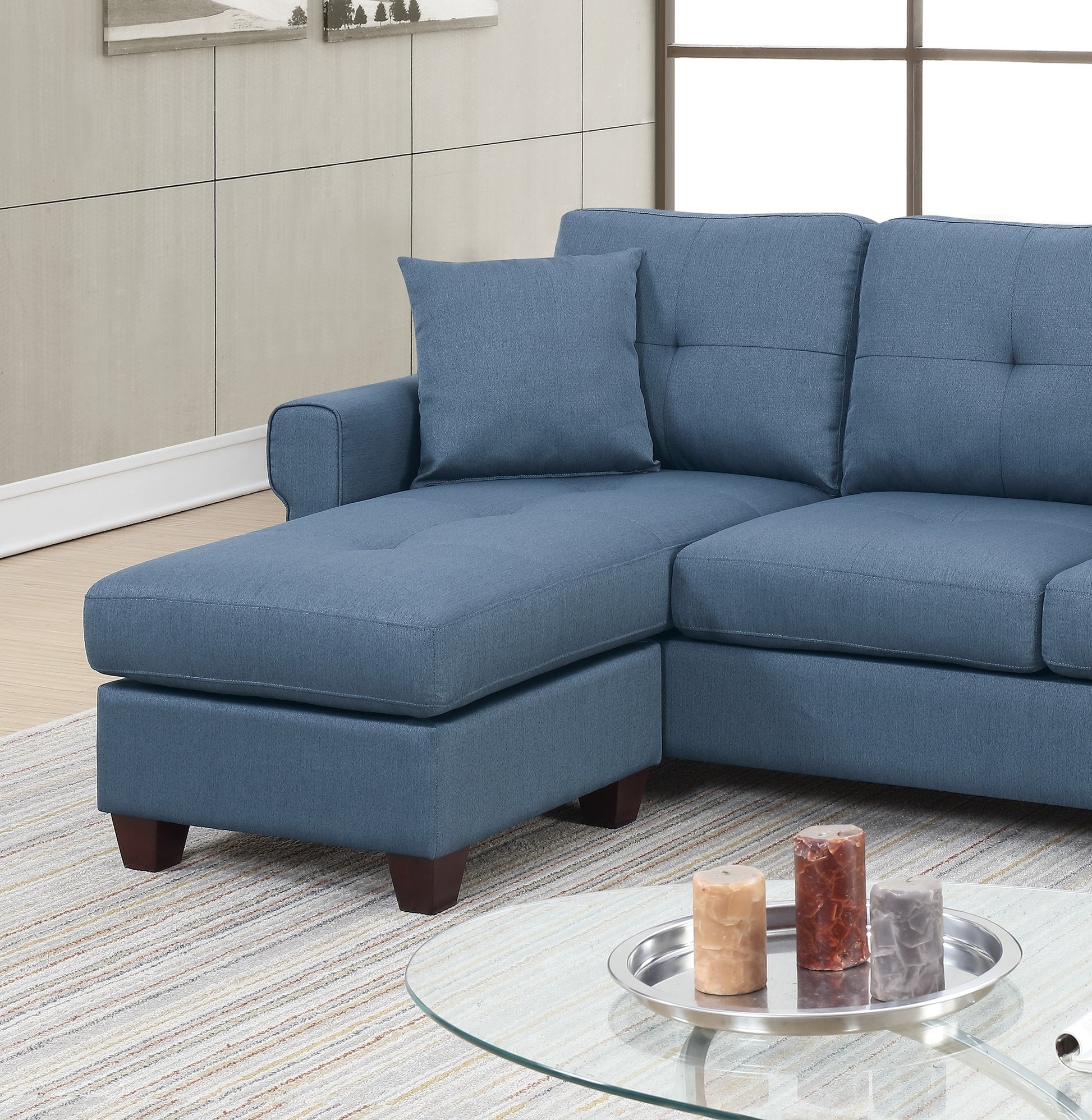 Blue Color Glossy Polyfiber Tufted Cushion Couch Sectional Sofa Chaise Living Room Furniture Reversible Sectionals Chaise Blue Wood Primary Living Space Cushion Back Contemporary,Modern L Shaped Pine Square Arms Fabric 4 Seat