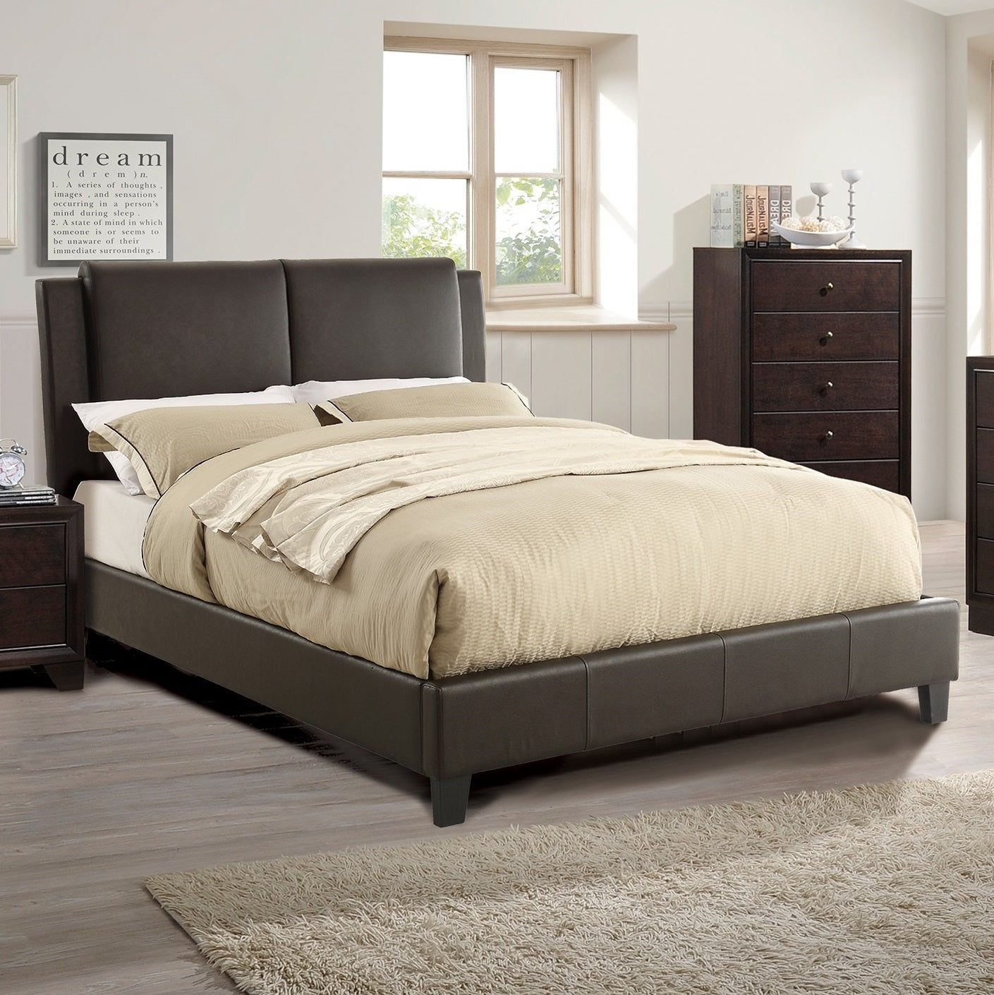 Queen Size Bed 1Pc Bed Set Brown Faux Leather Upholstered Two Panel Bed Frame Headboard Bedroom Furniture Box Spring Not Required Queen Brown Wood Bedroom Modern,Transitional Pine Bed Frame Faux Leather Particle Board