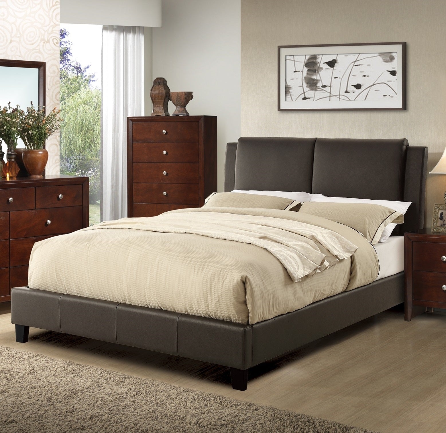 Queen Size Bed 1Pc Bed Set Brown Faux Leather Upholstered Two Panel Bed Frame Headboard Bedroom Furniture Box Spring Not Required Queen Brown Wood Bedroom Modern,Transitional Pine Bed Frame Faux Leather Particle Board