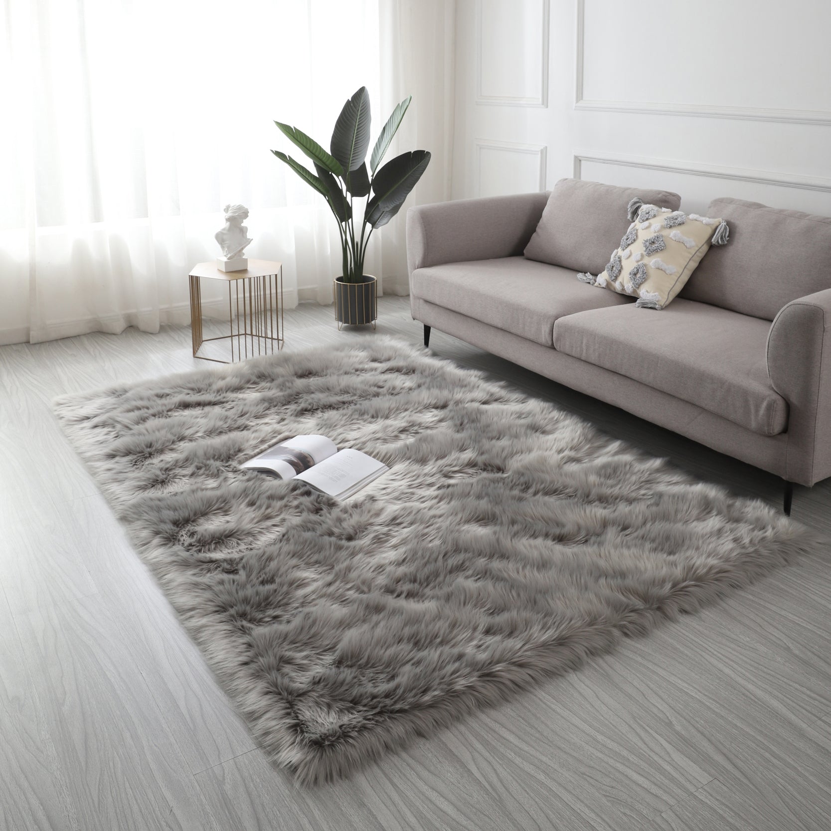 "Cozy Collection" Ultra Soft Fluffy Faux Fur Sheepskin Area Rug Light Grey Polyester