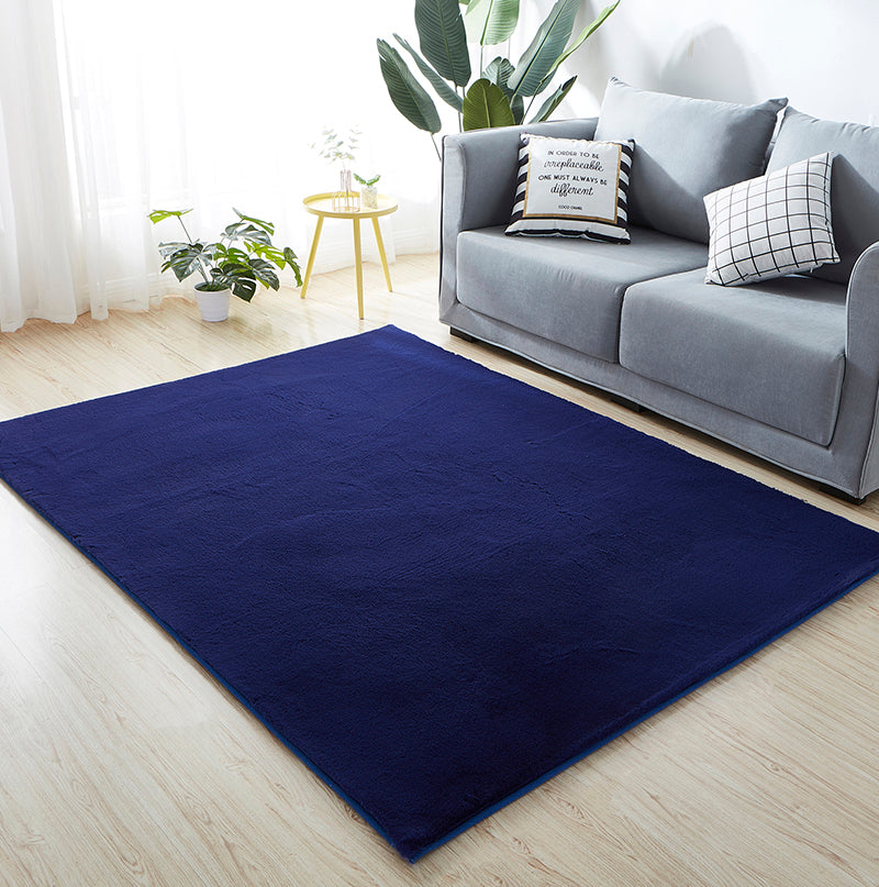 Lily Luxury Chinchilla Faux Fur Rectangular Area Rug Navy Blue Polyester