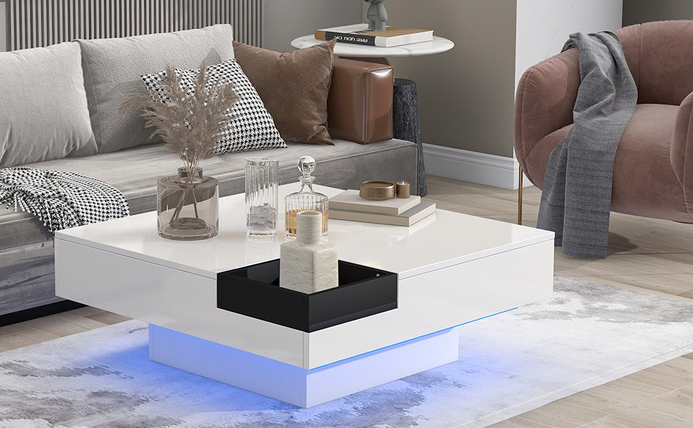 Modern Minimalist Design 31.5*31.5In Square Coffee Table With Detachable Tray And Plug In 16 Color Led Strip Lights Remote Control For Living Room White Particle Board